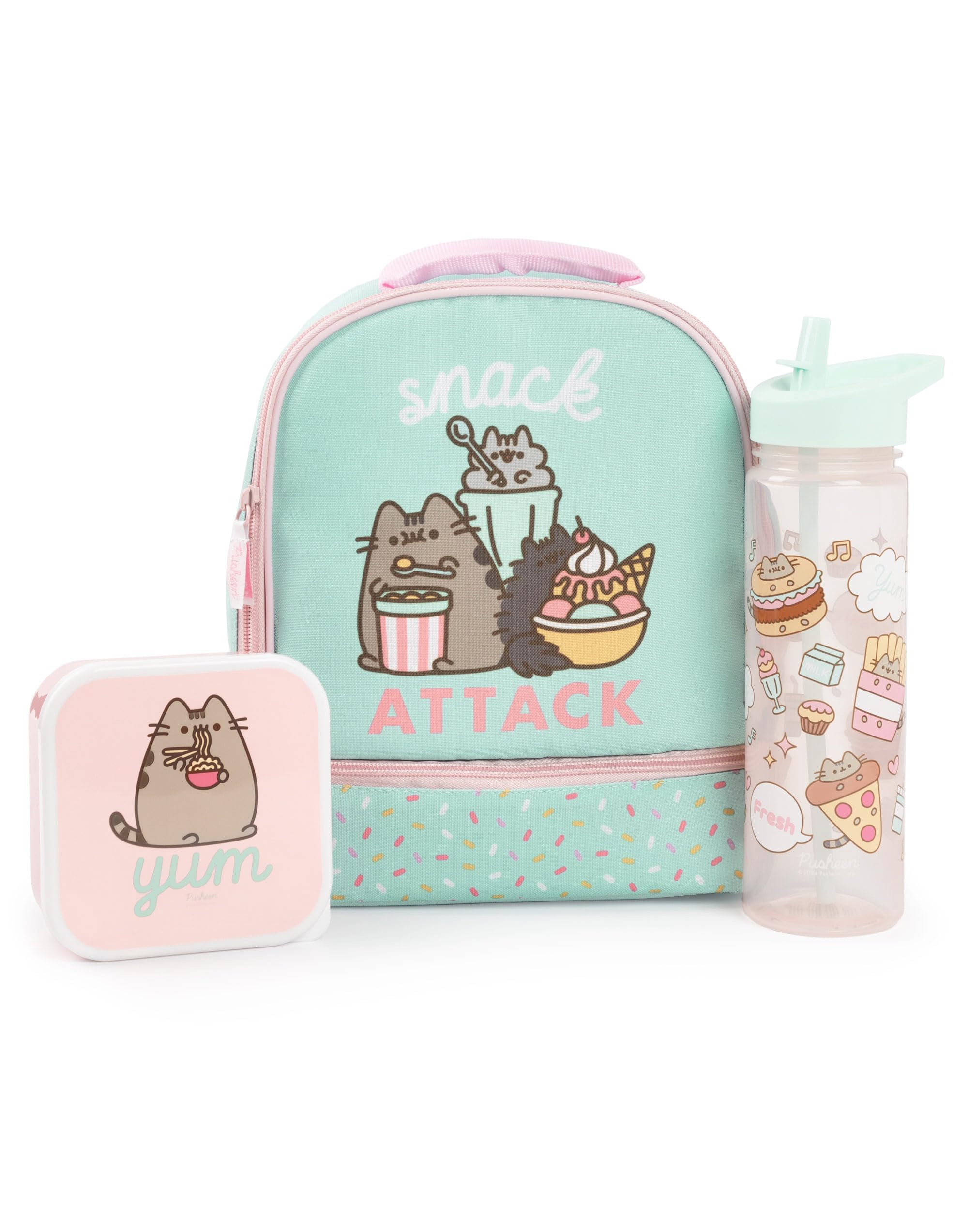 Pusheen le sac à lunch, la boîte à lunch et l'ensemble de bouteilles de boissons le chat à la menthe | Snack Attack Polkadot Ensemble déjeuner scolaire pour filles | Bouteille d'eau transparente