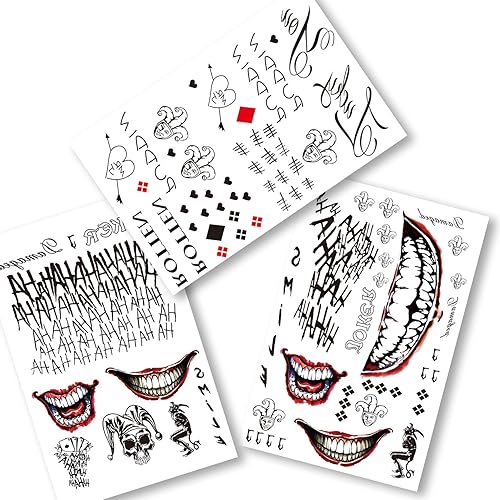 3 hojas de tatuajes temporales Harley Quinn para mujeres, hombres y adultos, tatuajes de bromista del escuadrón suicida, perfectos para Halloween,