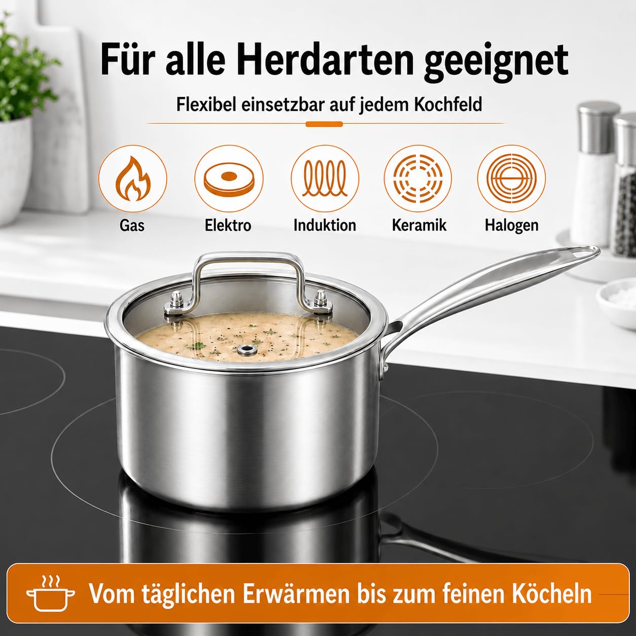 DELARLO Stielkasserolle 16 cm, 1,9 L Kochtopf mit Glasdeckel | Durchgehend 3-lagige Konstruktion, Gleichmäßiges Erhitzen, für alle Herdarten, Kühlbleibender Griff & Spülmaschinenfest