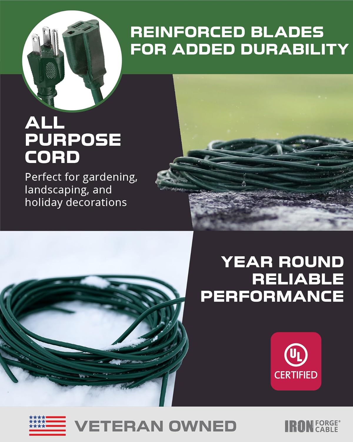 Iron Forge Cable Weatherproof 50 Ft Outdoor Extension Cord - 16/3 SJTW Heavy Duty Green Extension Cord Outdoor 3 Prong - 13 Amp Exterior Power Cable