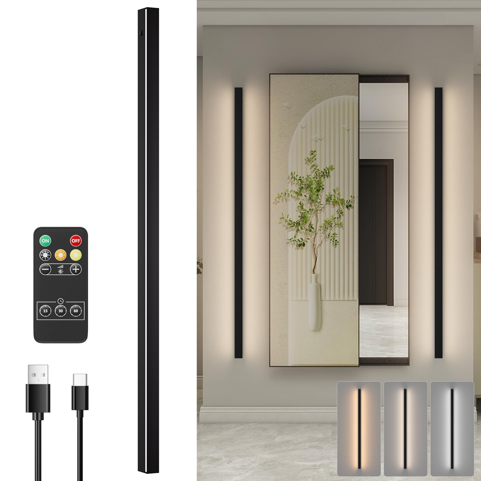 Kligten 8W LED Regulable Lámpara de pared, Inalámbrico Negro Aplique de pared con Mando a Distancia, 120cm Largo Recargable Luz de Pared para Dormitorio Salón Escalera