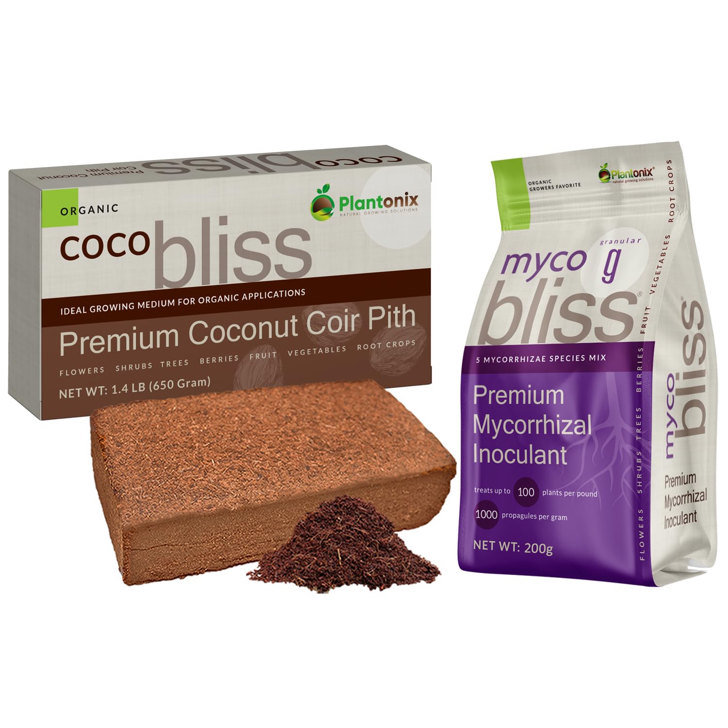 Coco Coir Brick (650gms) + Myco Bliss Granular (200 g) - Organic Coco Coir for Plants & Mycorrhizae for Plants - Mycorrhizal Fungi Inoculant - Coconut Coir for Gardening - Garden Soil Potting Soil Mix