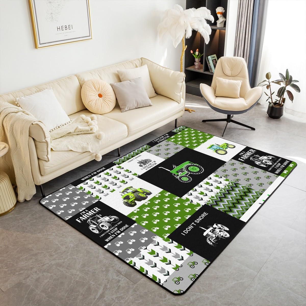 jejeloiu Cartoon Tractor Area Rug 4x5 Boys Farm Equipment Trucks Decorative Area Rug Home Decor Construction Car Harvester Tractor Green Plaid Accent
