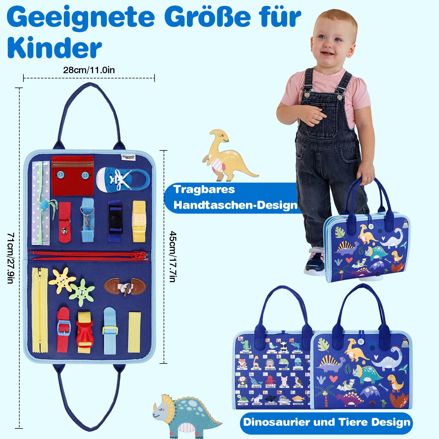 JHkim Busy Board Deutsch Montessori Spielzeug ab 1 2 3 4 Jahre, Geschenk für Jungen & Mädchen, Kinder Lernspielzeug Activity Busy Book, Motorikspielzeug Motorikbrett für Reise/Auto/Flugzeug