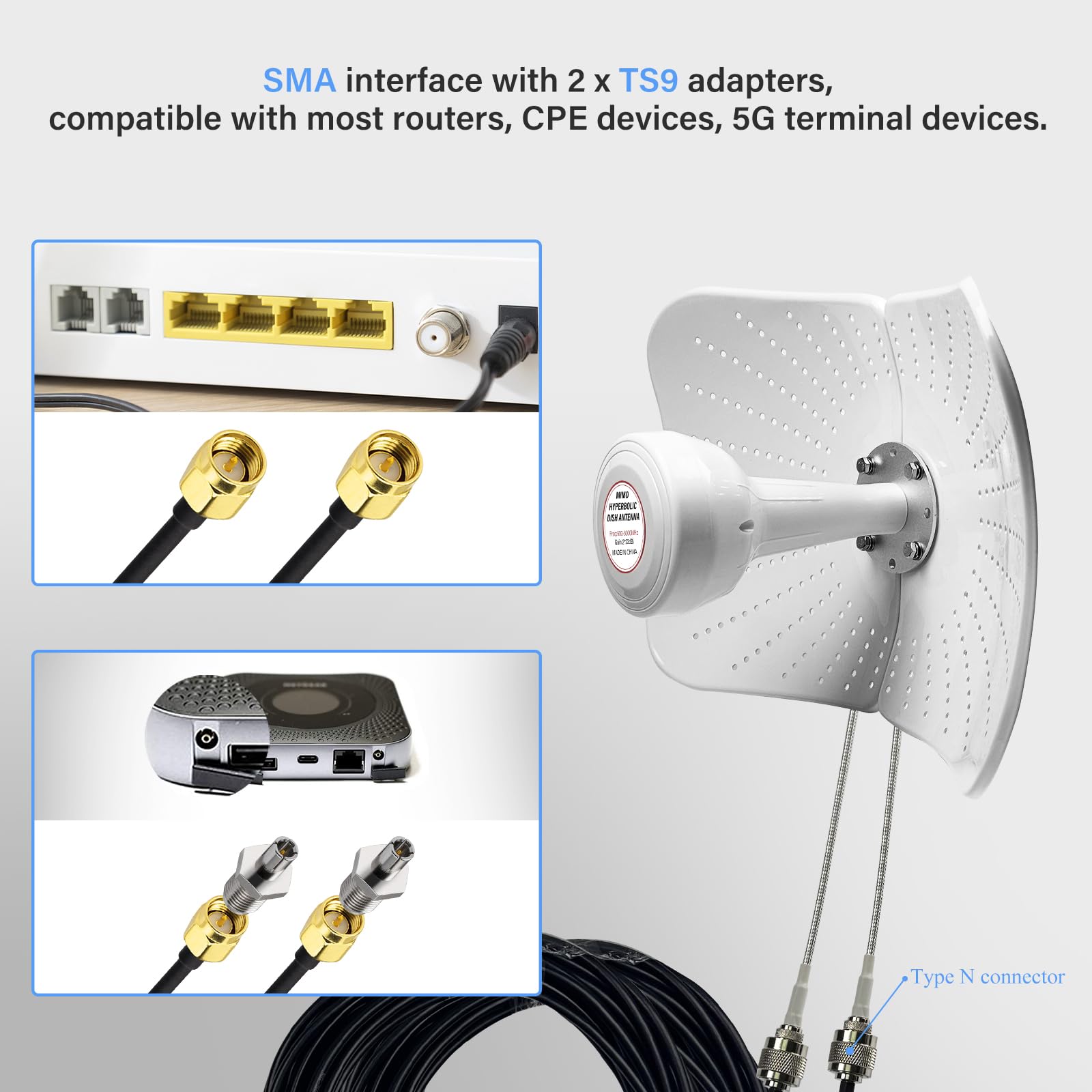 Antenna 5G 4G LTE Esterna Doppia polarizzazione, wifi 600-6000MHz Guadagno fino 22 DBI Compatibile Direzionale Router Antenna MIMO SMA / 2 x TS9 Antenne, Cavo 2x10M