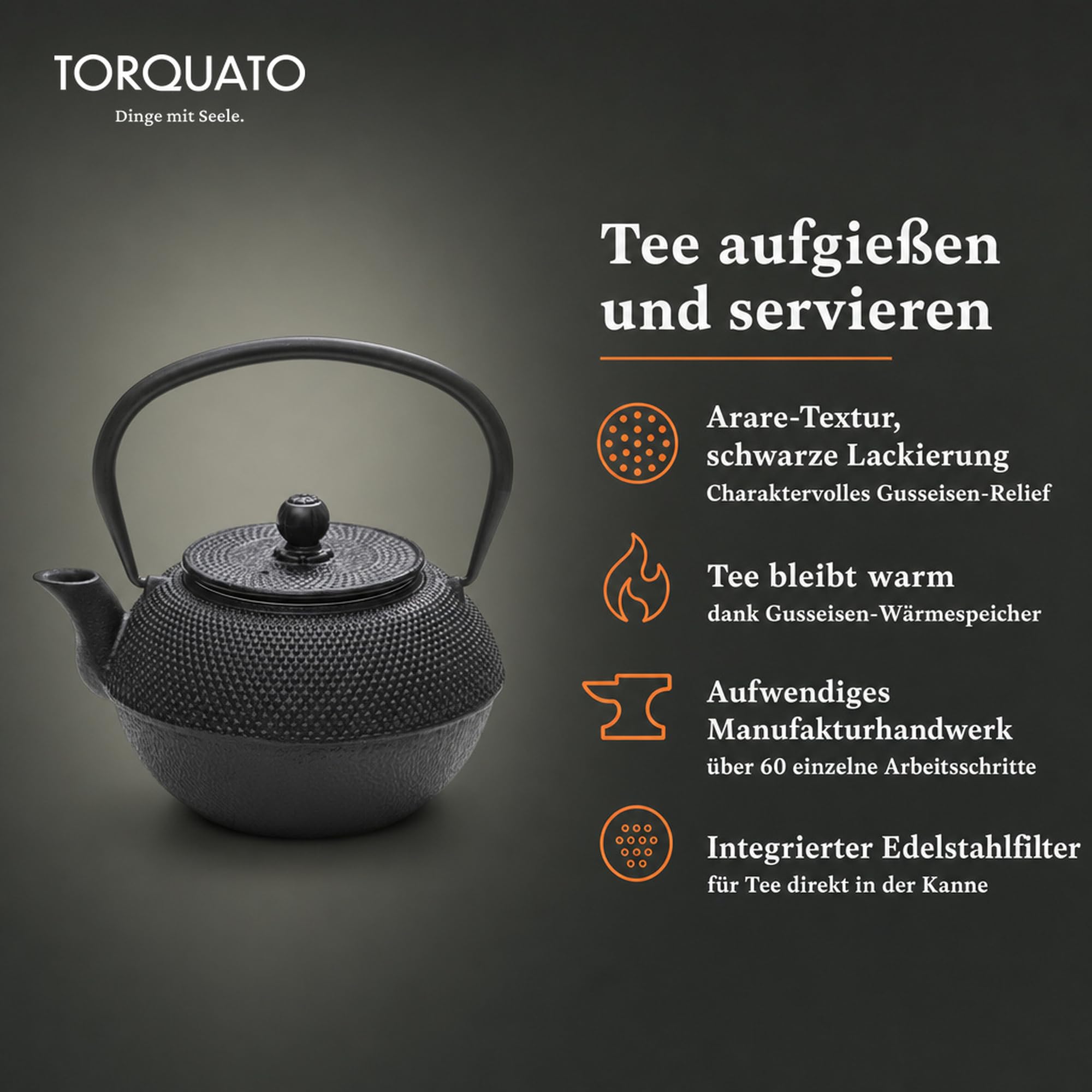 Torquato Teekanne Gusseisen Okagane 1,2 l, handgefertigt | emaillierte Innenseite, integrierter Edelstahlfilter, mattschwarz lackiert, Wärmespeicher