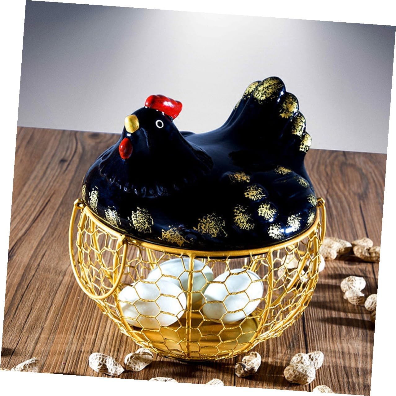jojofuny Rustic Metal Egg Basket with Lid, Black and Gold Wire Egg Holder for Kitchen Storage, Food and Fruit Organizer Suitable for Home Use