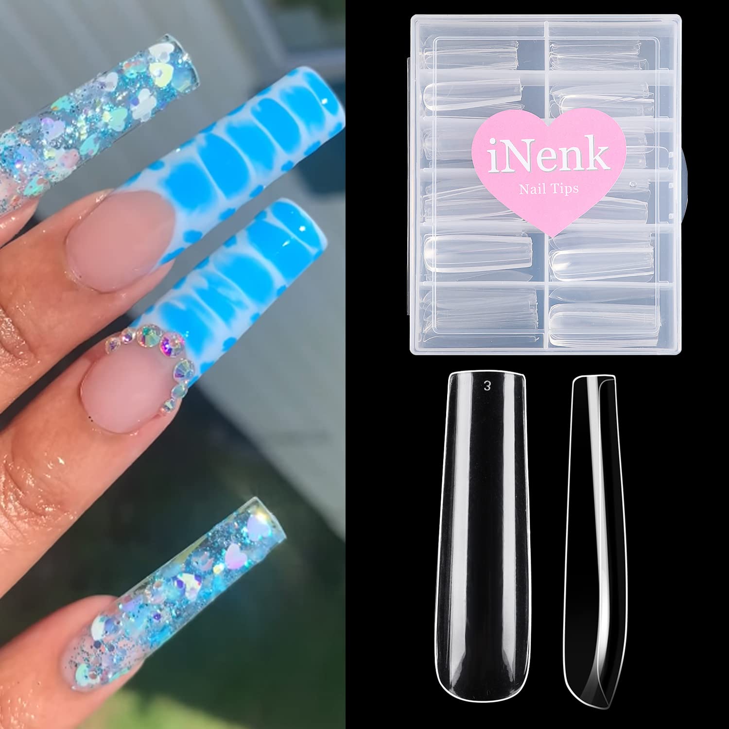 Amazon.com: 120Pcs Extra Long Nail Tips with Box,Clear XXL Straight Square  Full Cover Nail Tips, Press On nails False Nail Tips for Salons and DIY Nail  Art at Home (Style-2) : Beauty