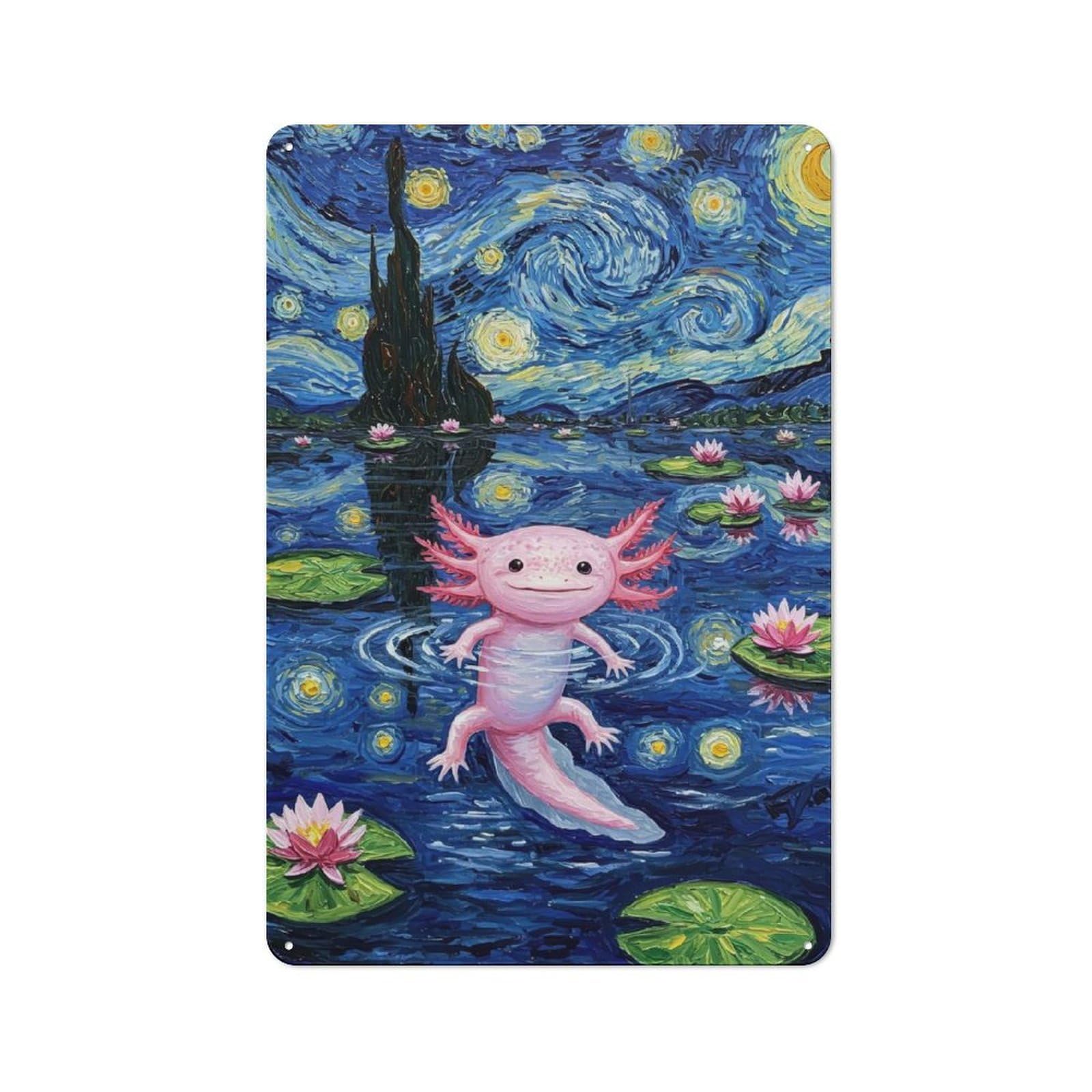 Junmoney Axolotl In Starry Night Painting Metal Wall Sign 30X20cm Featuring For Garage Or Workshop, For Garage, Workshop And Man Cave Decoration