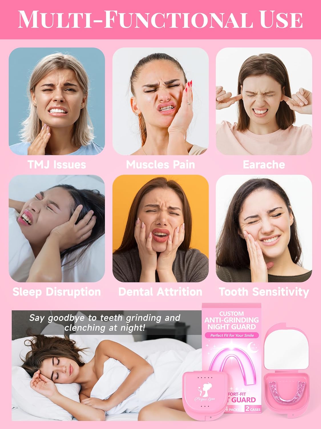 4 Pack Pink Mouth Guard with Mirror Storage Case, 2 Sizes for Women & Men