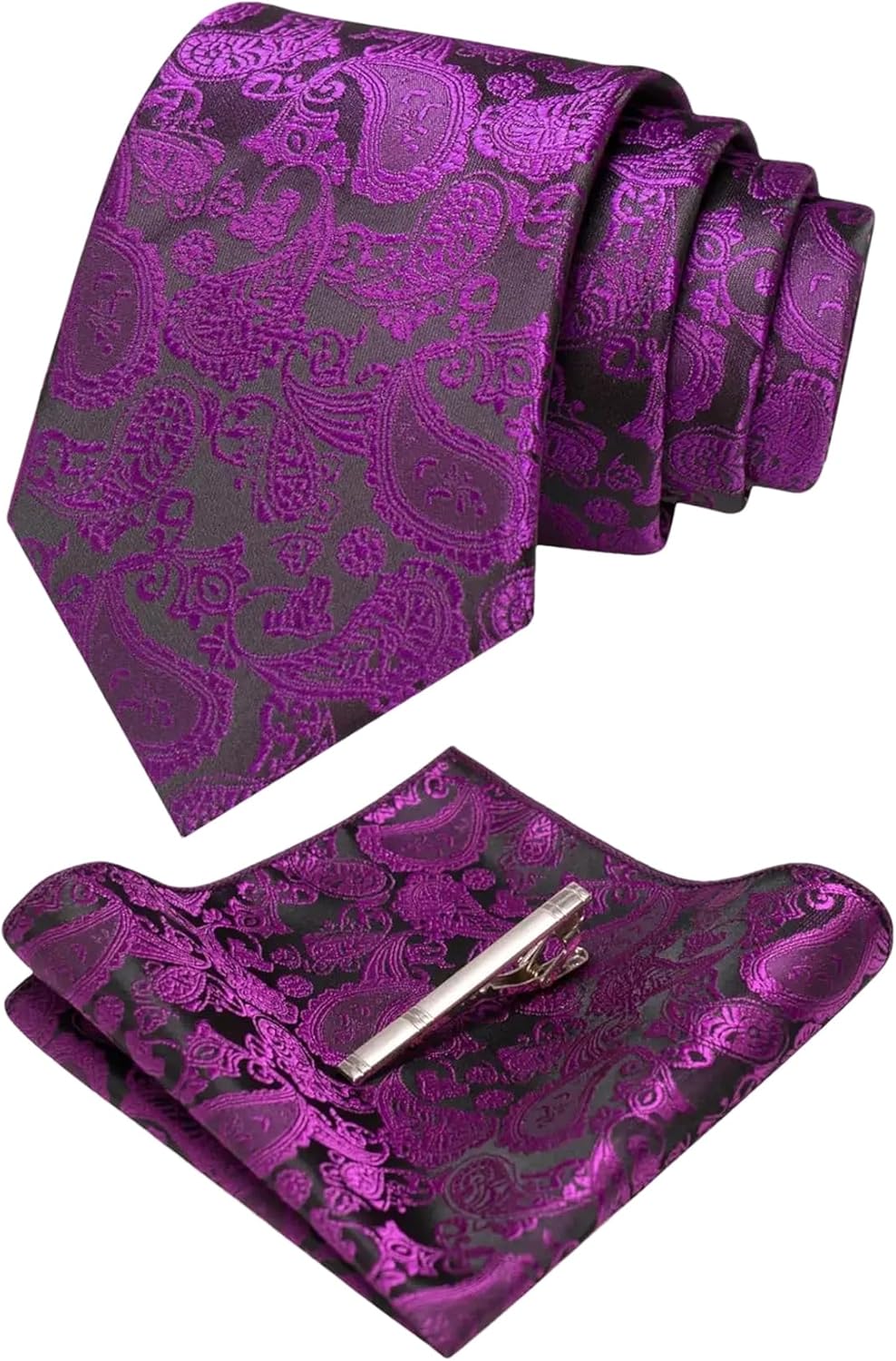 Mens Solid Color Paisley Necktie And Pocket Square With Tie Clip Sets
