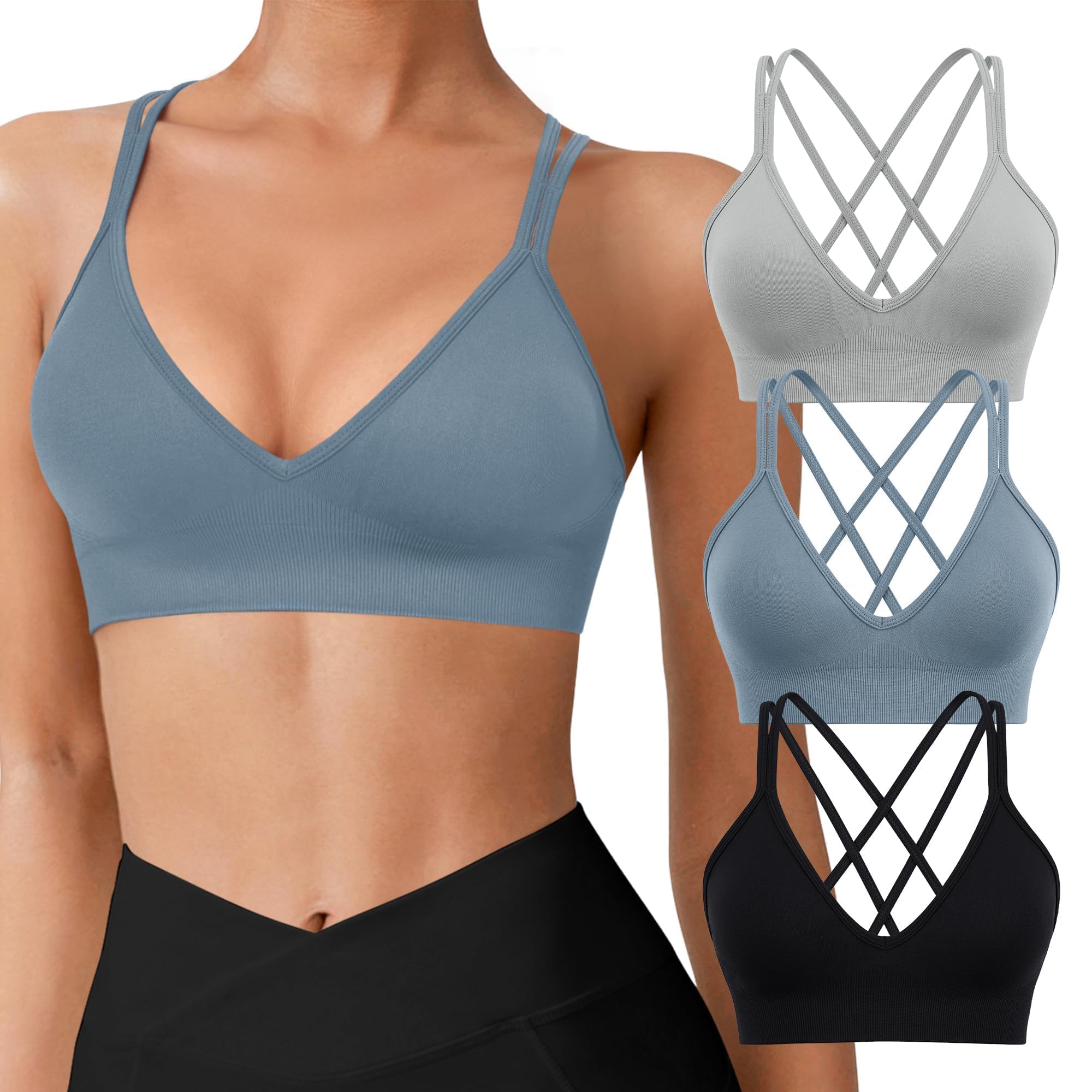 VEQKING Seamless V-Neck Women Sports Bras 3 Pack