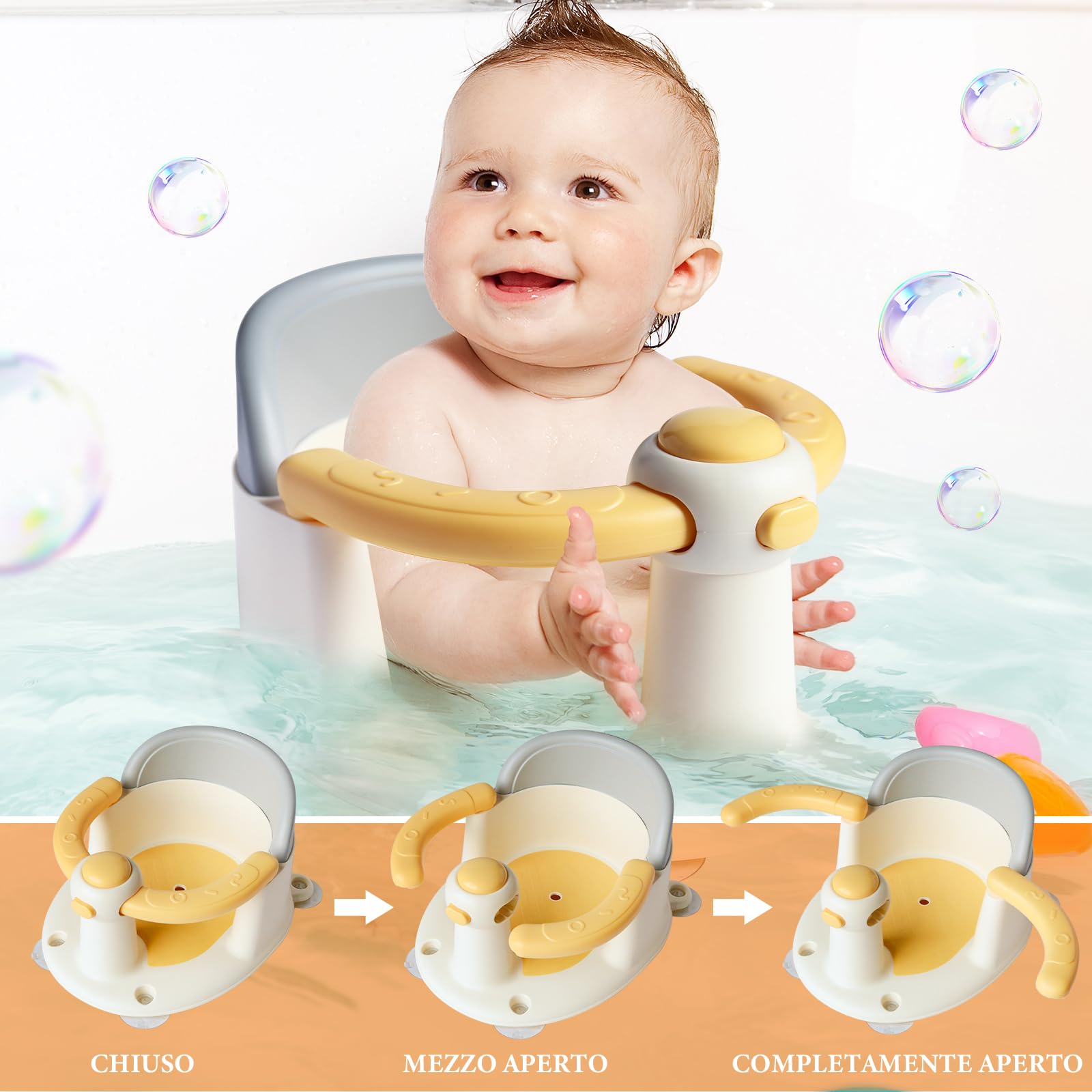 Seggiolino per vasca da bagno per bambini dai 6 mesi in su, antiscivolo, con 4 ventose forti, ergonomico, per doccia o vasca da bagno (giallo)
