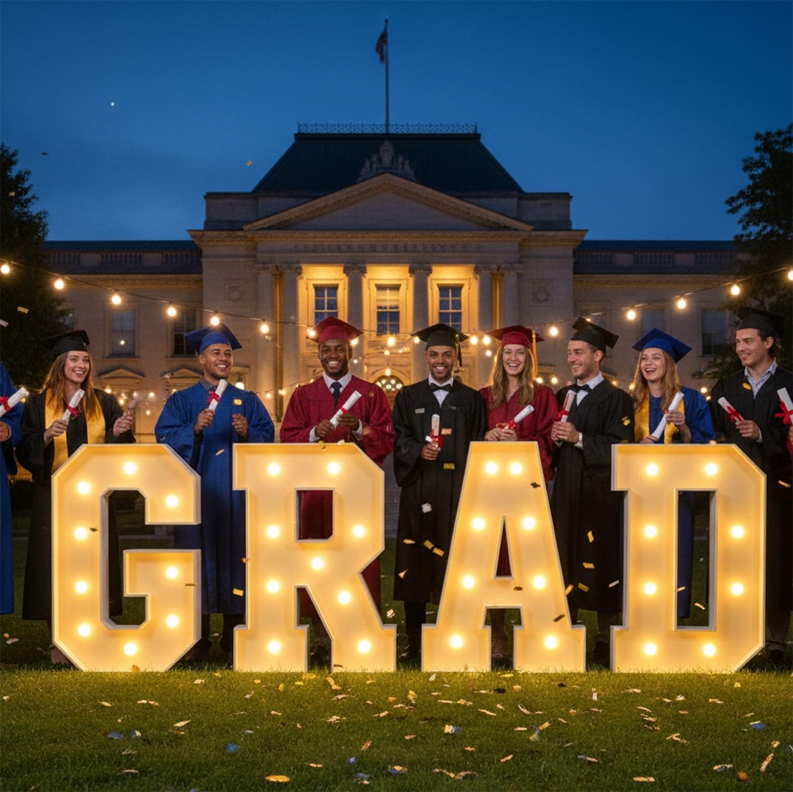 Large Neon “Grad” Illuminated Letter Sign, Mosaic Foam Board Sign, Suitable for Kindergarten, Preschool, High School, and College Graduation Parties(120cm)