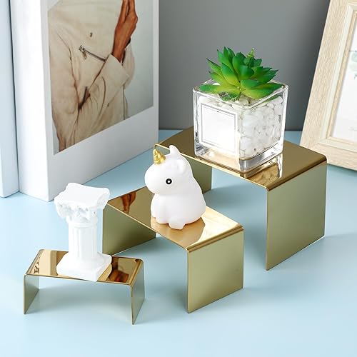 Miniatura 6 de Vicenpal 3 soportes de exhibición dorados de acero inoxidable para tartas y postres, soporte de exhibición de perfumes, estante de 3 tamaños para