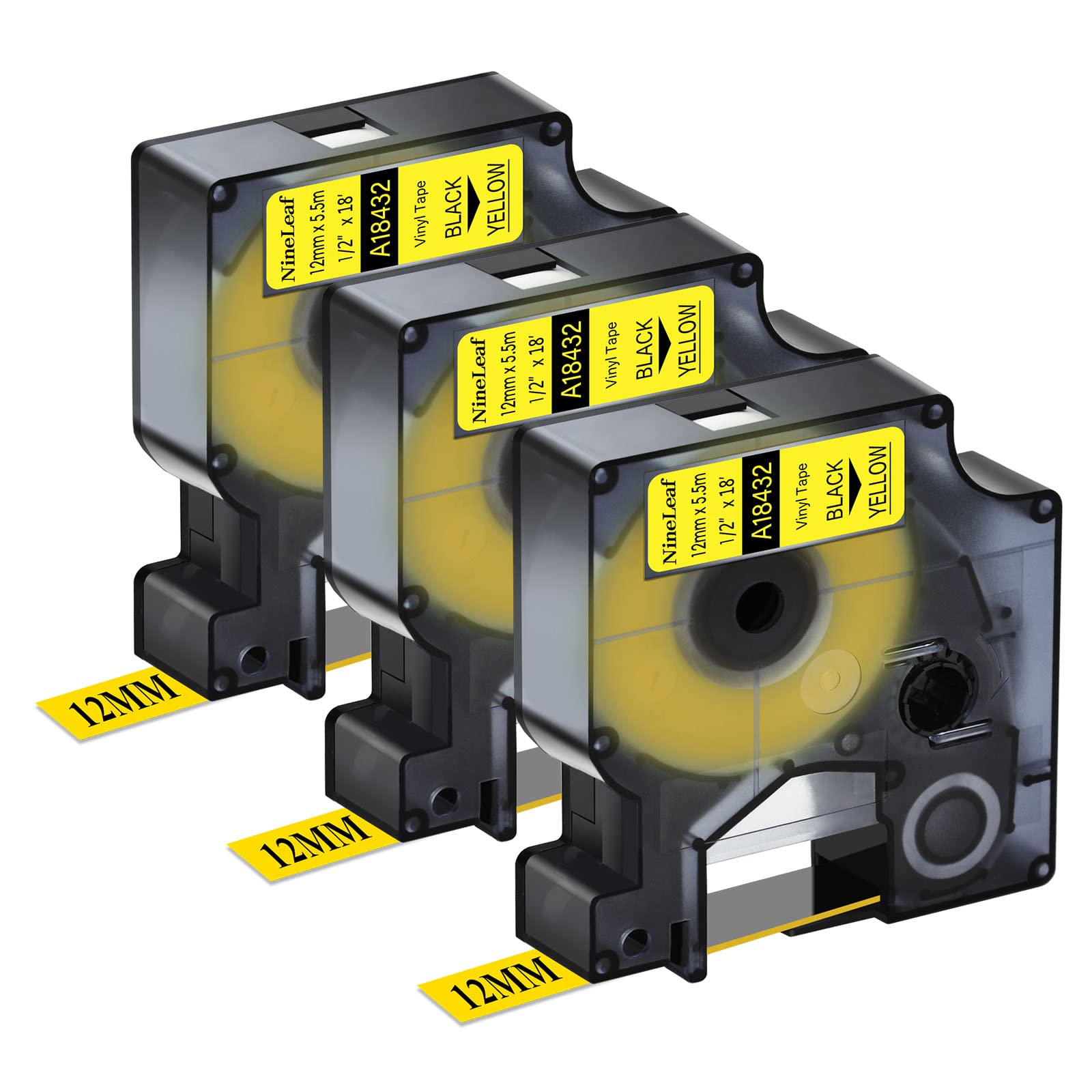NineLeaf 3 Pack Replacement for Dymo IND 18432 A18432 12mm x 5.5m 0.47'' 1/2 inch Black on Yellow Vinyl Permanent Industrial Label Tape for Rhino 4200 5200 ILP 219 3M PL200 3M PL300 Label Maker