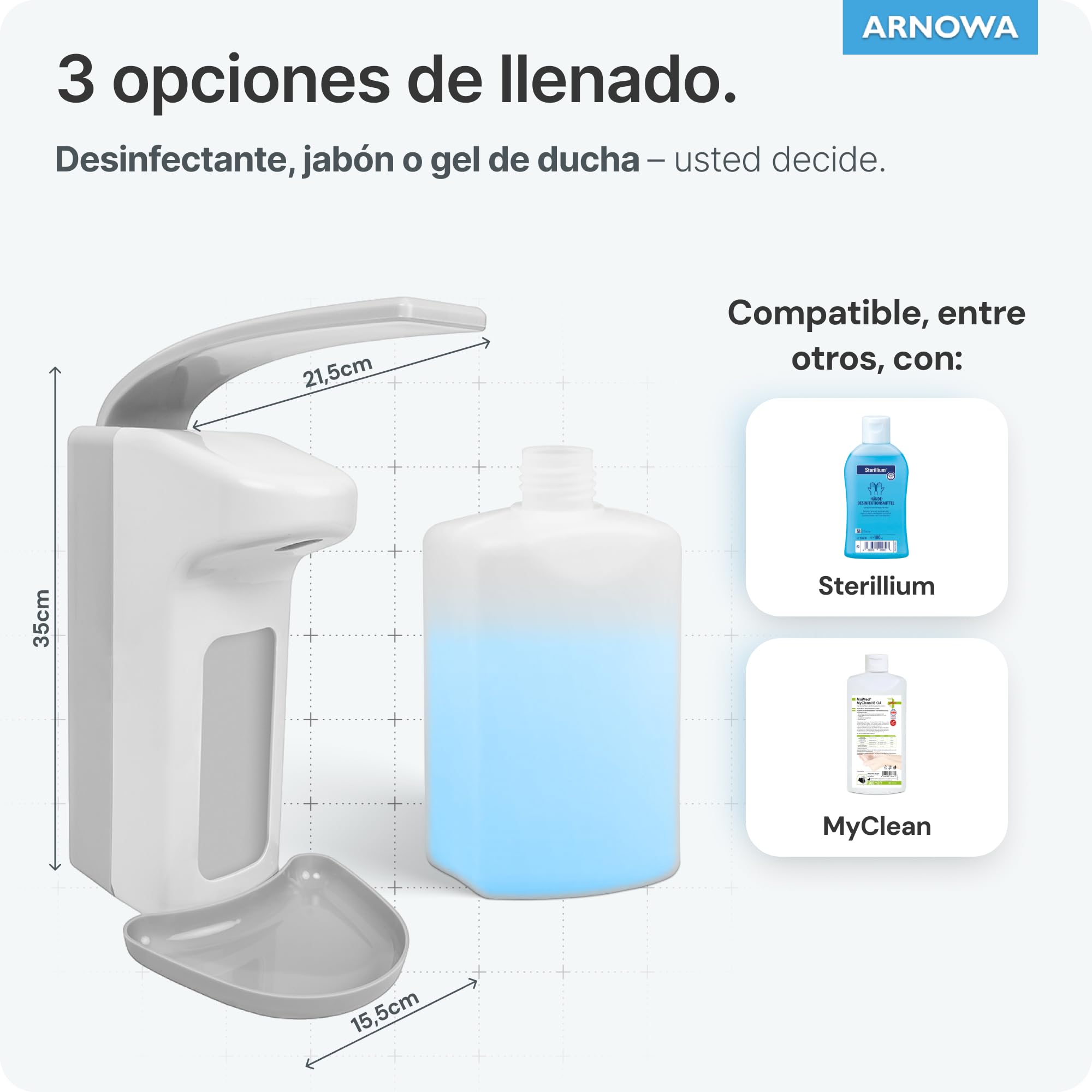 ARNOMED 4 dispensador jabon baño Pared de plástico para 1000ml, dispensador jabon Pared de Palanca, dispensador de jabon Pared Blanco, dispensador Vertical de jabón sin taladrar