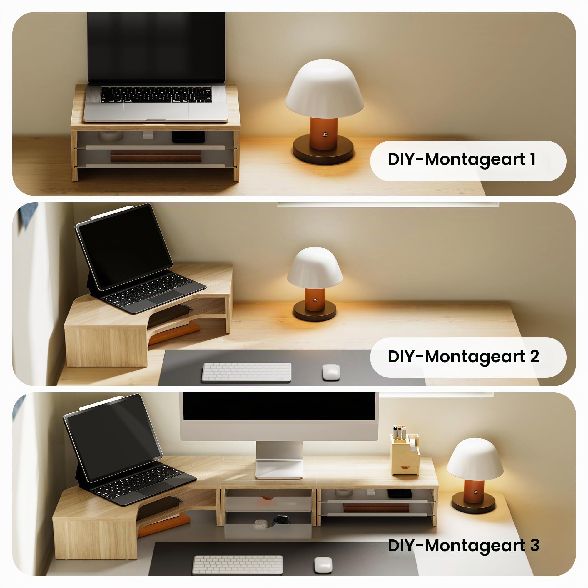 Fenge Monitorständer 3 in 1, Dual Monitor Stand mit Schublade und Ausziehbarem Tablett, L-Förmiger Eck Bildschirmerhöhung, Frei Kombinierbar, Für Home Office, PC, Laptop, Drucker, TV (Eiche)