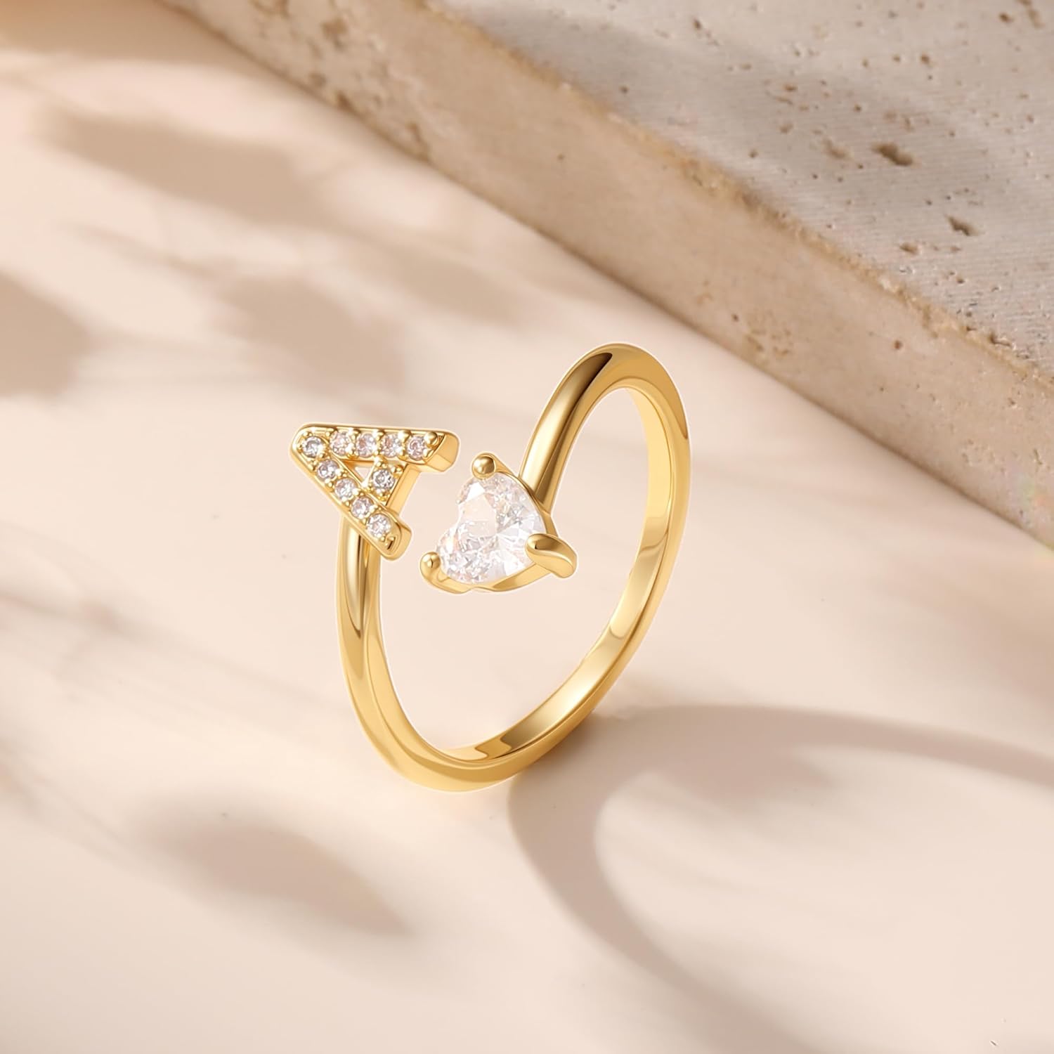 Initial Heart Rings for Women - 14K Gold Plated Adjustable Letter A-Z Rings Fashion Jewelry Gifts for Women - Image 3