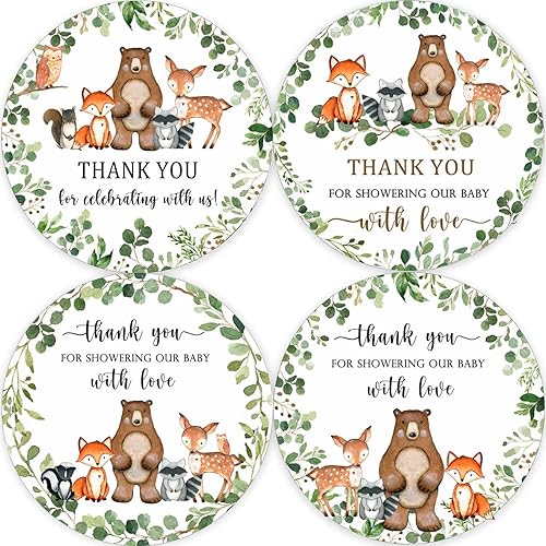80 calcomanías de agradecimiento del bosque, calcomanías de 2 pulgadas de animales del bosque, decoración de fiesta de baby shower de bosque