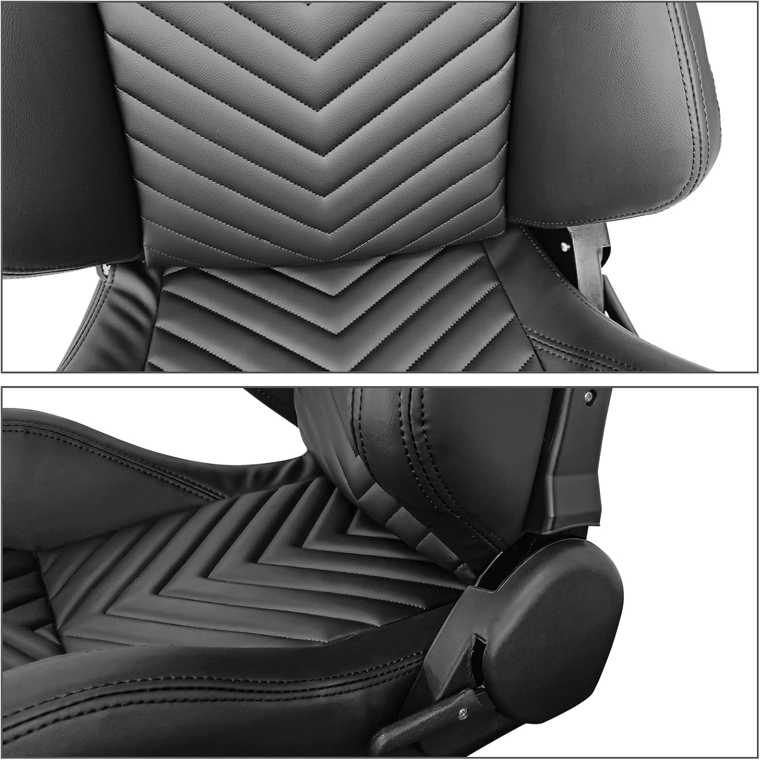 IKON MOTORSPORTS, Universal Racing Seats with Dual Sliders, Reclinable Black PU Leather Sport Bucket Seats, 1 Pair Driver + Passenger Side, (Flat Style)