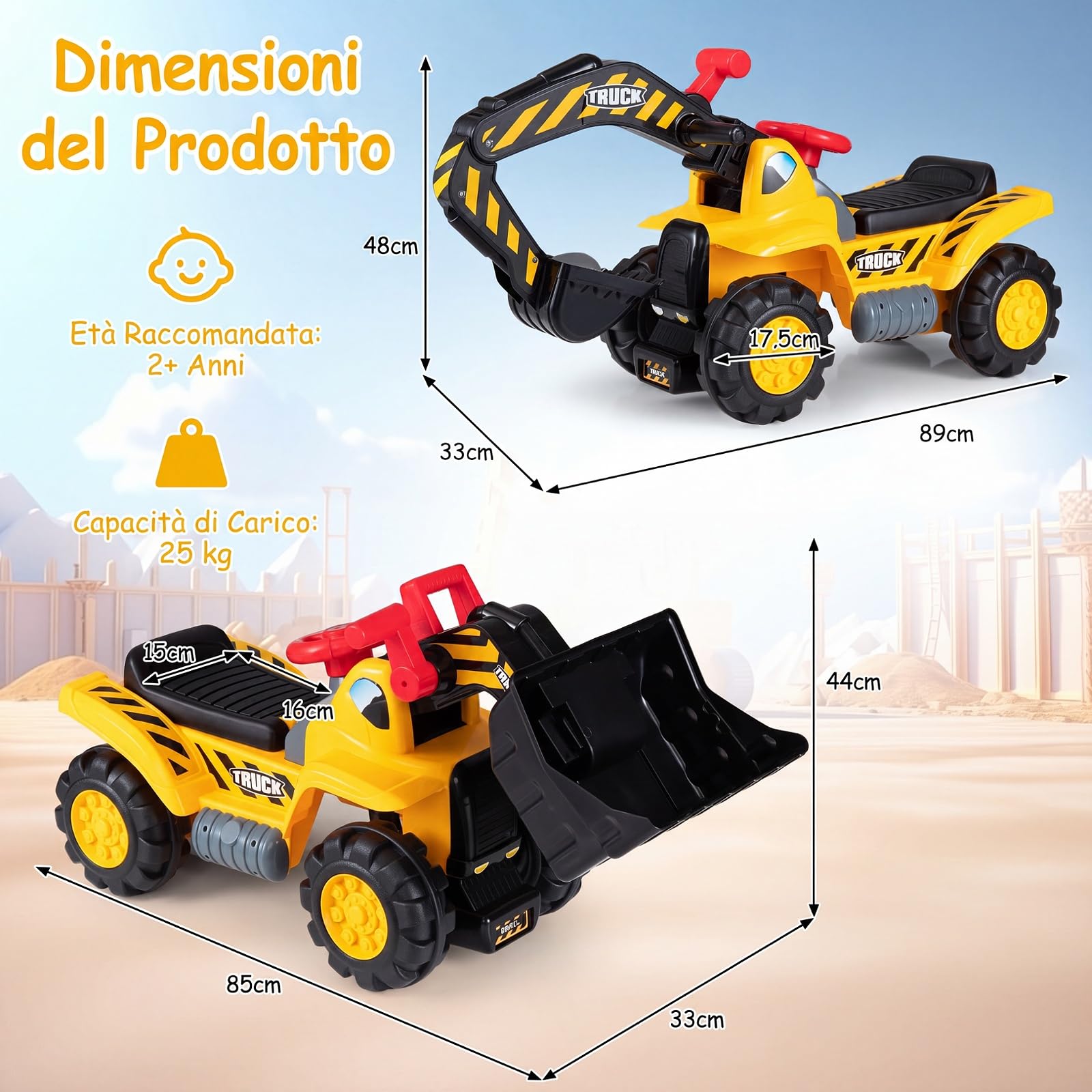 COSTWAY 3 in 1 Escavatore Cavalcabile per Bambini 2+ Anni, Carico 25 kg | Ruspa Giocattolo per Bambini con Suoni Realistici, Seduta con Vano Portaoggetti, Pietre, Casco e Gilet, per Casa Asilo