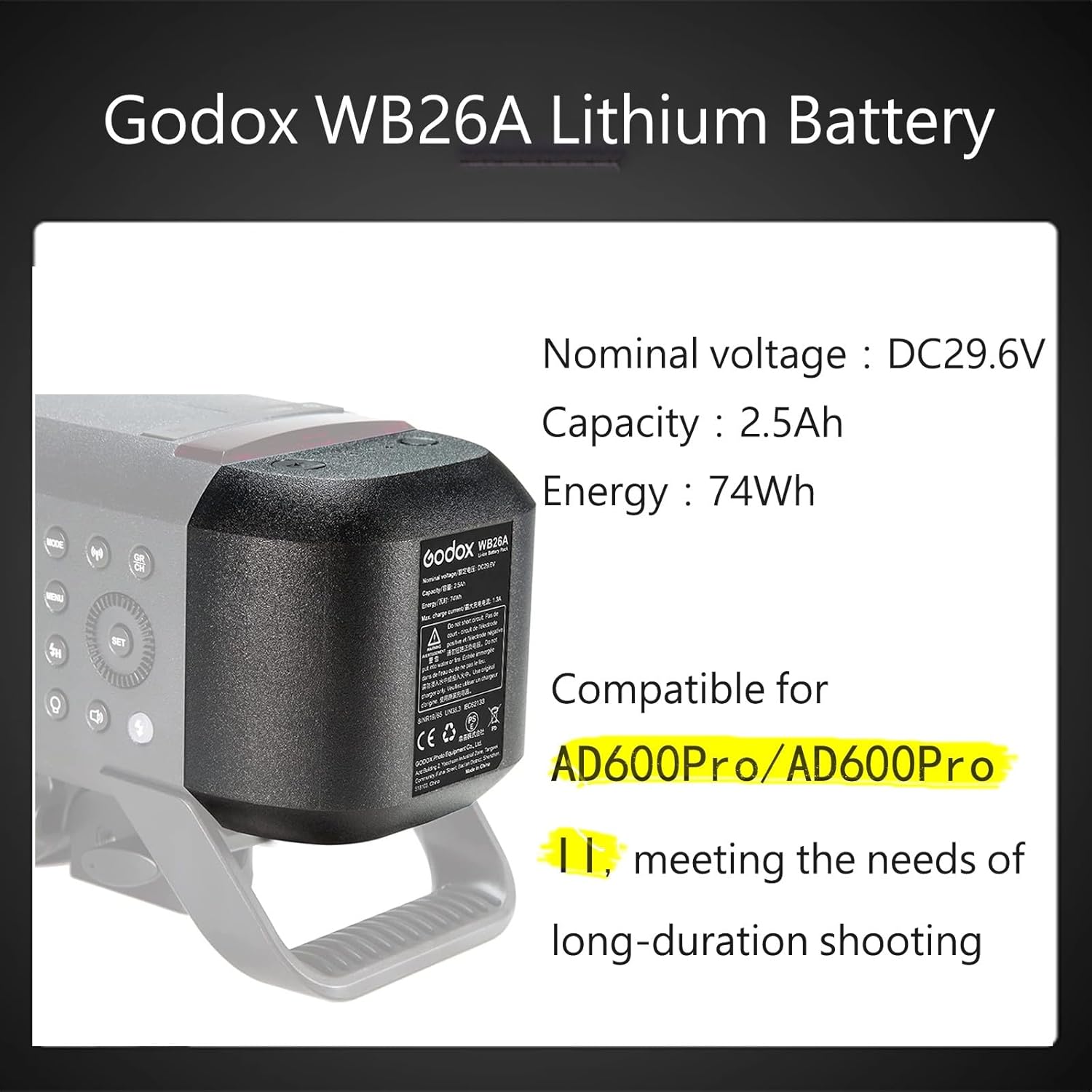 GODOX WB26A DC29.6V/2.5Ah Lithium Battery Pack AD600ProII AD600Pro Outdoor Flash,Compatible for Flashpoint XPLOR 600PRO II