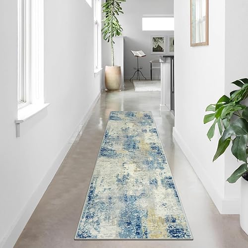 Lahome Alfombra abstracta moderna 2 x 8 pulgadas, color azul, para pasillos, alfombra de baño, alfombra de cocina, lavable y antideslizante, para