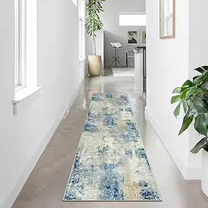 Lahome Modern Abstract Rug Runners for Hallways Non Slip, 2x7 Carpet Runner Rug for Kitchen Non Skid Washable, Soft Floor Mat for Bathroom Bedside Entrance RV, Blue/Yellow/Ivory