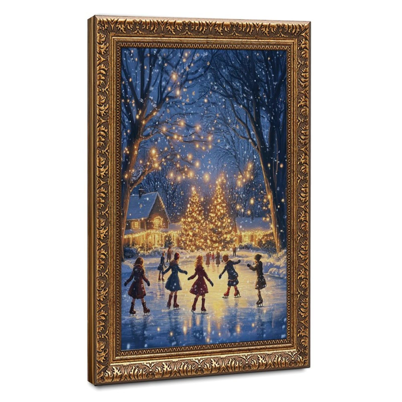 XVSGNAW Children Ice Skating Art,Frozen Pond And Falling Snow Canvas Poster Bedroom Decor Landscape Office Room Decor Gift 16" L X 24" W