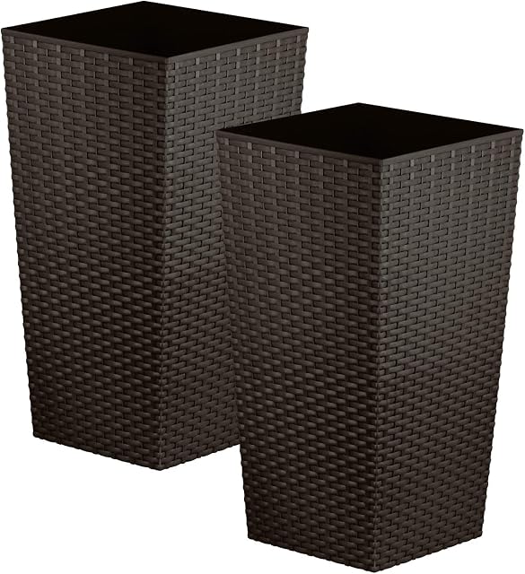 CrazyGadget Tall Square Plastic Rattan Indoor/Outdoor Planters, Set of 2, Brown, 17 Litre