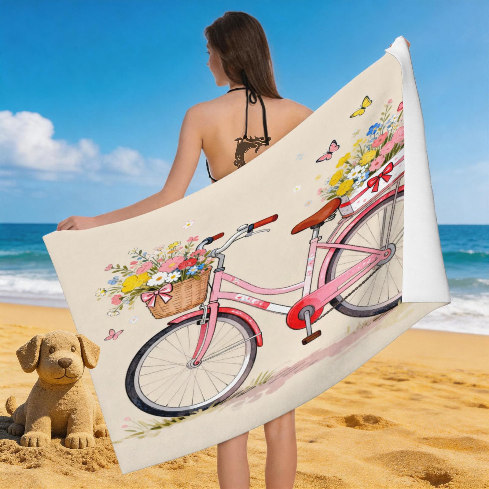 Leichong 3D Cartoon Bike Beach Towel Microfiber Soft Quick Dry for Adults, Romantic Theme Bath Towel Lightweight Soft Absorbent for Travel Swimming Pool Sports, 75 x 150 cm