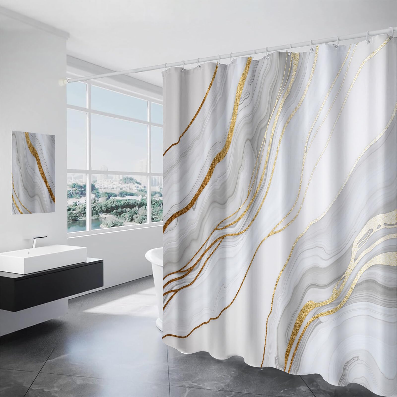 Rideau De Douche Marbre Texturé Luxe Abstrait Tissu Imperméable Lavable avec Crochets Anti Moisissure en Polyester Rideau Douche pour Salle De Bain