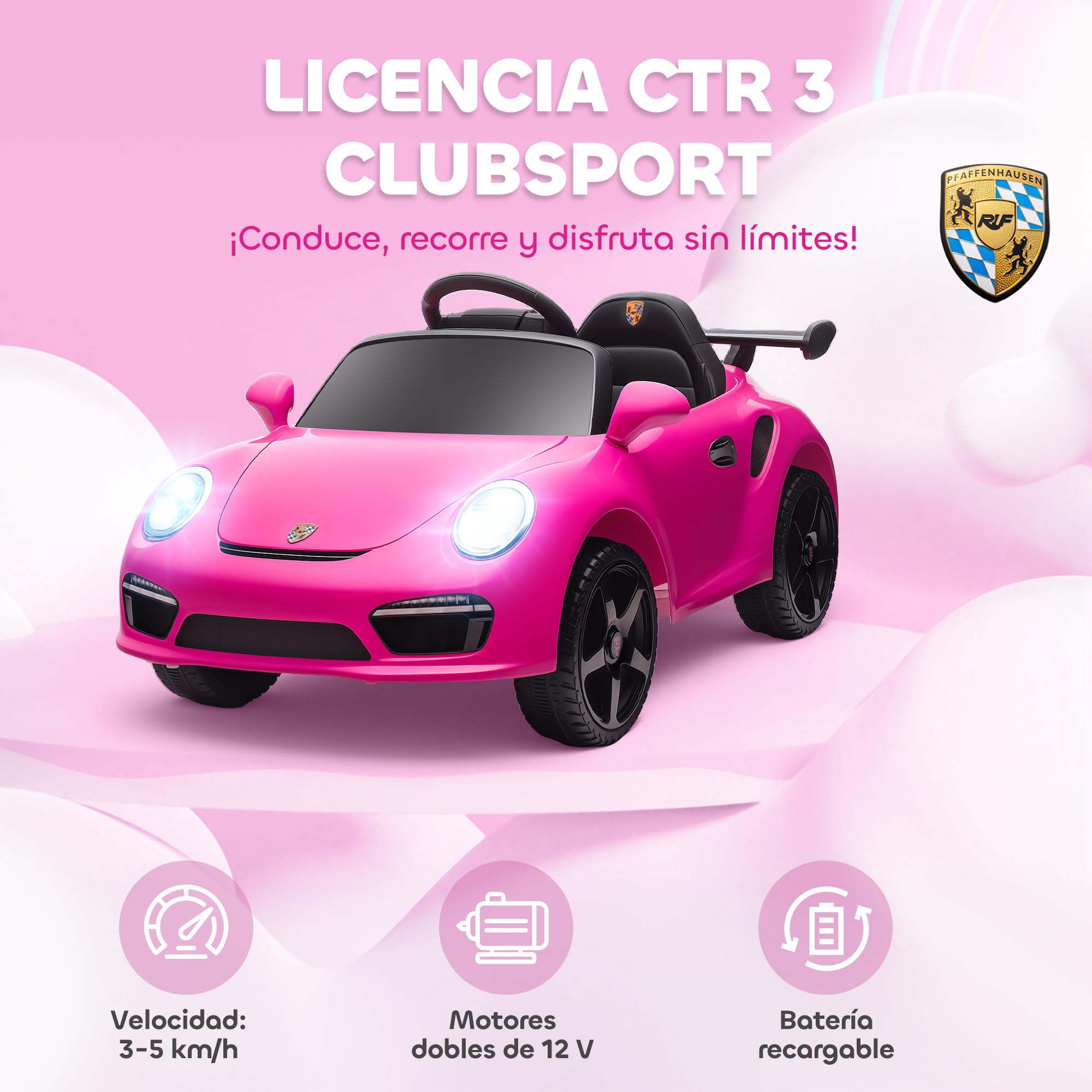 AIYAPLAY Coche Eléctrico para Niños con Licencia RUF CTR 3 Clubsport, Coche de Batería 12V, con Mando a Distancia 2,4 G, Motor Doble, Música Inalámbrica, Bocina, Ruedas Auxiliares y Faros LED, Rosa