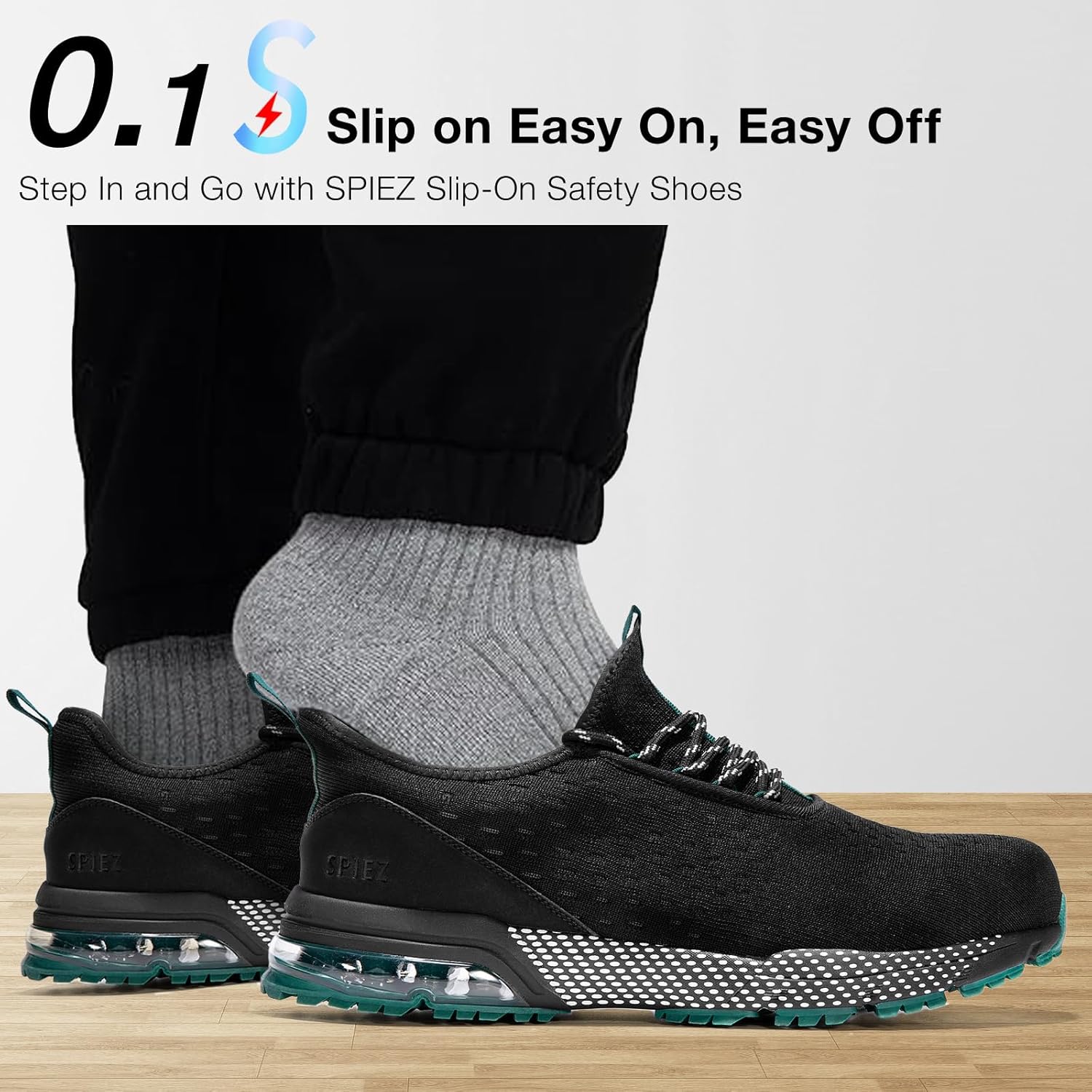 SPIEZ Lightweight Slip-On Safety Shoes for Men & Women, Slip-Resistant Work Shoes with Air Cushioning, Water-Resistant & Decorative Laces, Easy On/Off Sneakers, Black Green, Size 4.5-13.5 - Image 6