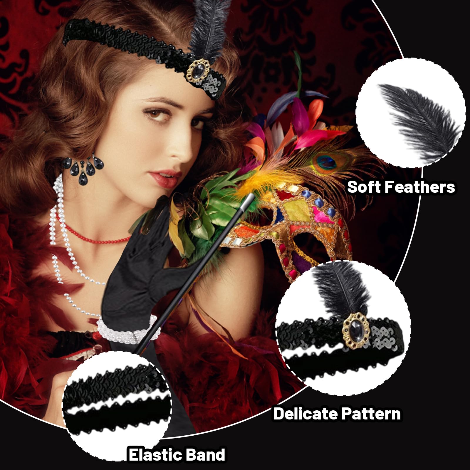 Bodeshis 1920s Accessories for Women 6-Piece Gatsby Flapper Set including Headband, Gloves, Necklace, Earrings, Bracelet - Image 3