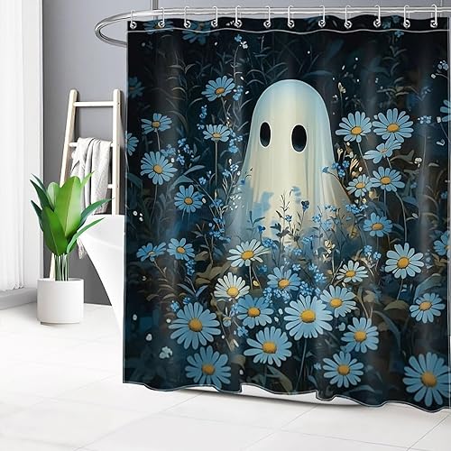 Miniatura 10 de HVEST Cortina de ducha espeluznante de Halloween para baño, cortina de ducha aterradora de fantasma y murciélago en blanco y negro con ganchos,