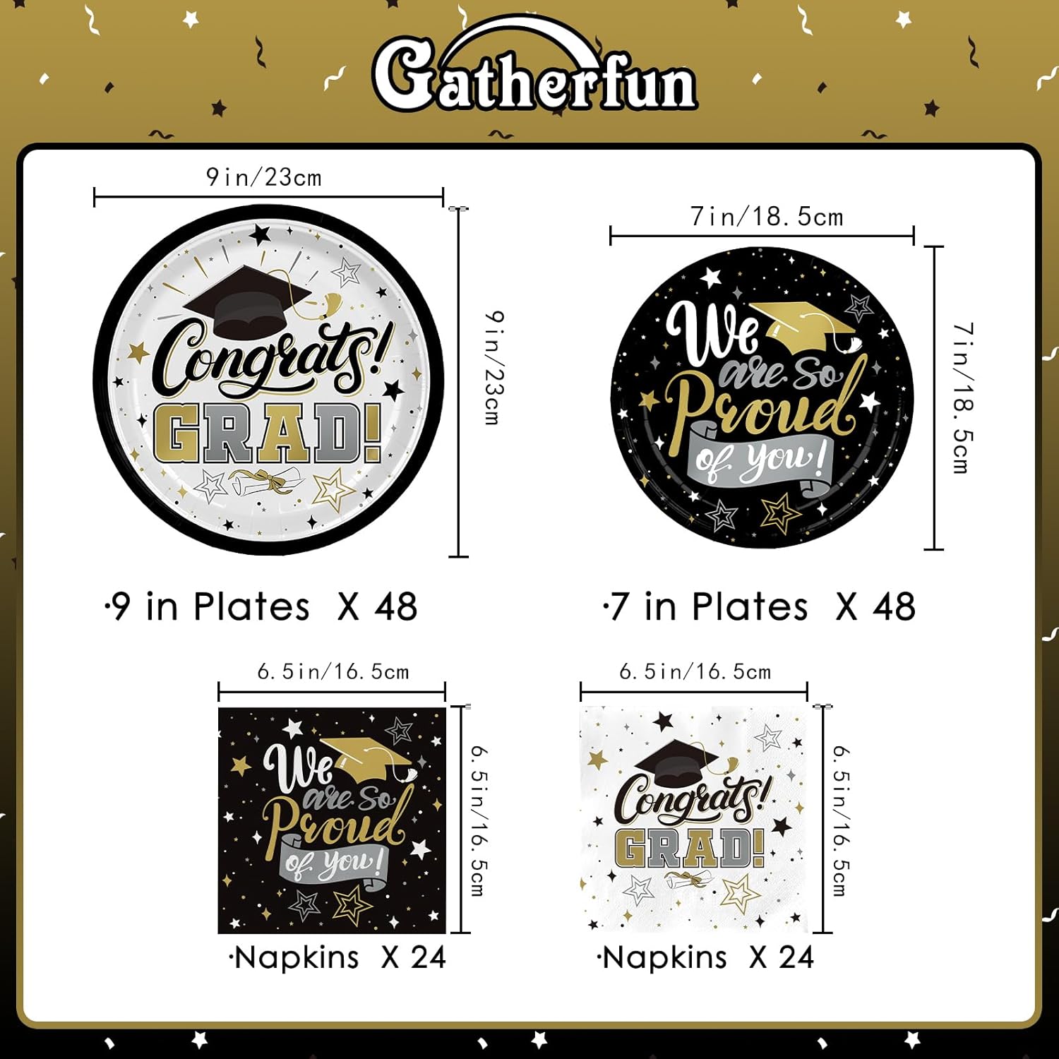 Graduation Decorations 2026 Black and Gold Grad Party Supplies with Disposable Dinner Plates, Dessert Plates and Napkins for 48 Guests - Graduation Party Decorations