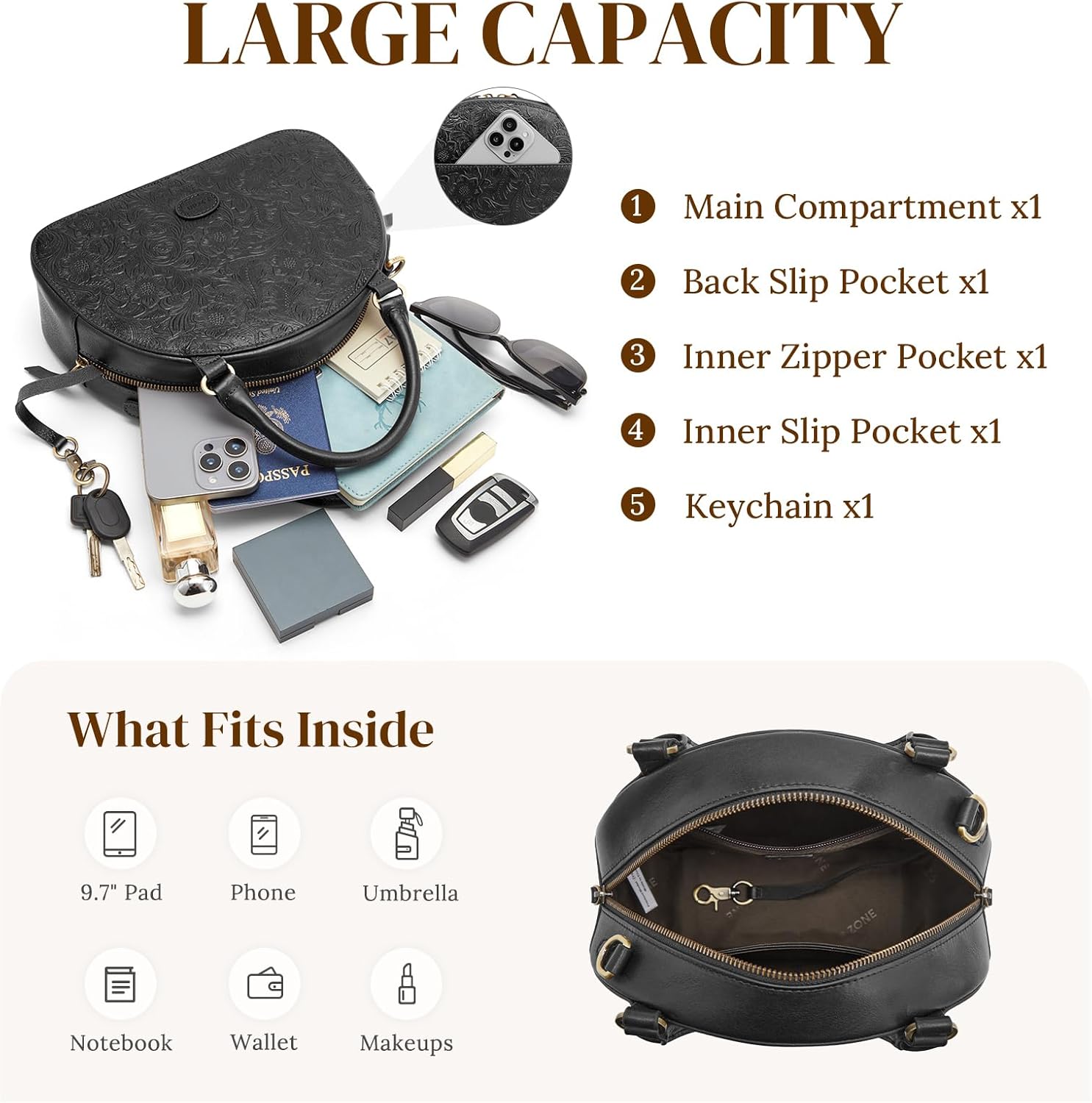 S-ZONE Leather Crossbody Bags for Women Vintage Handbag Top Handle Purse Designer Dome Satchel