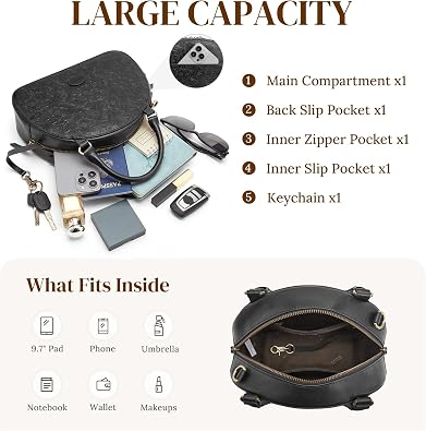 S-ZONE Genuine Leather Crossbody Bags for Women Small Top Handle Dome Purse | Full Grain Cattle Leather, Rose Embossed Design, Vintage Fashion Elegant, Dayily Use Travel Everyday