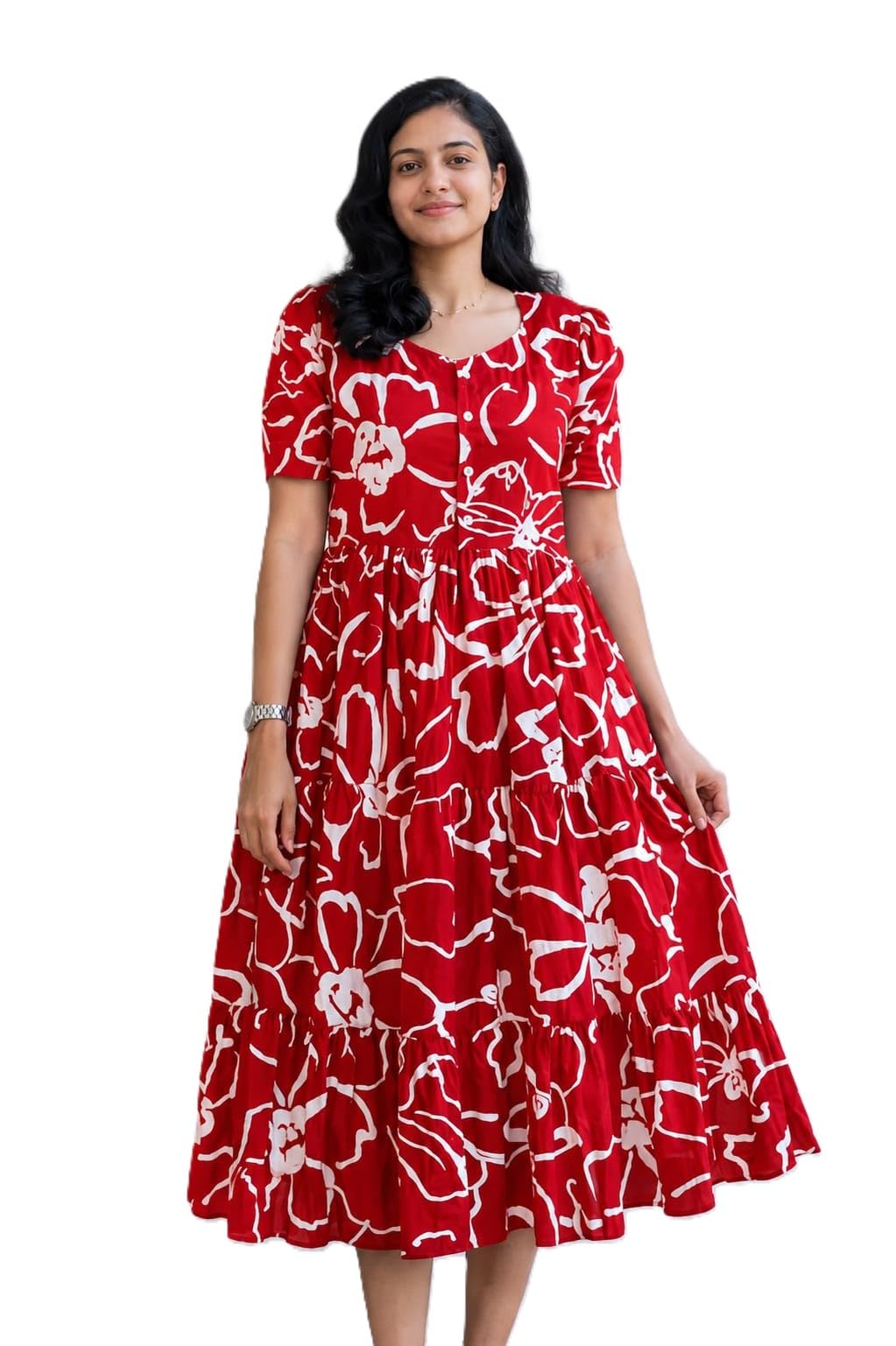 Women's Red Floral Print Tiered Midi Dress-picture-48