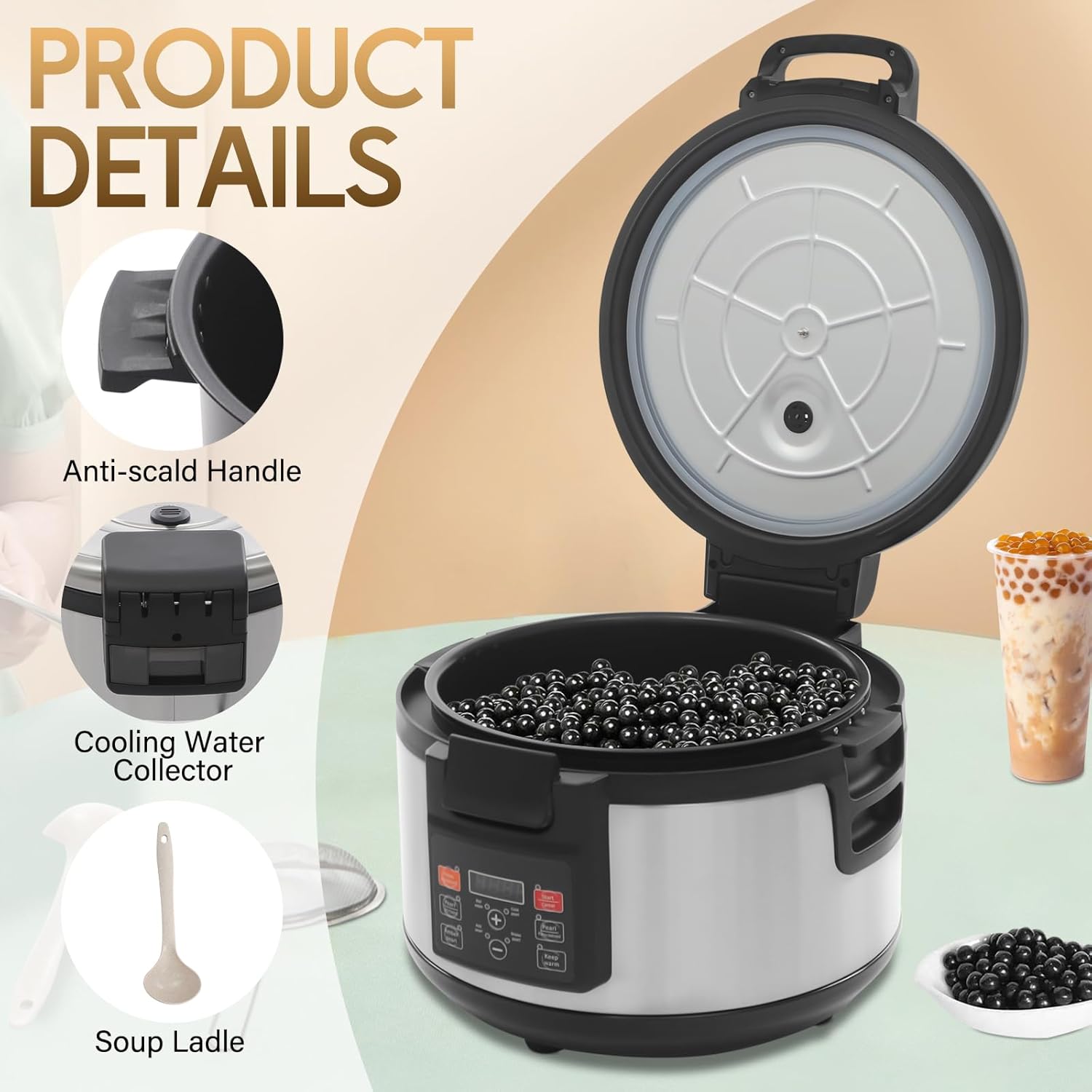 16L Boba Cooker Boba Maker Machine, Commercial Pearl Maker for Bubble Tea with Soup & Mesh Strainer, Automatic Tapioca Pearls Cooker for Restaurants, Milk Tea Stores, Dessert Stores, Lounge Bars