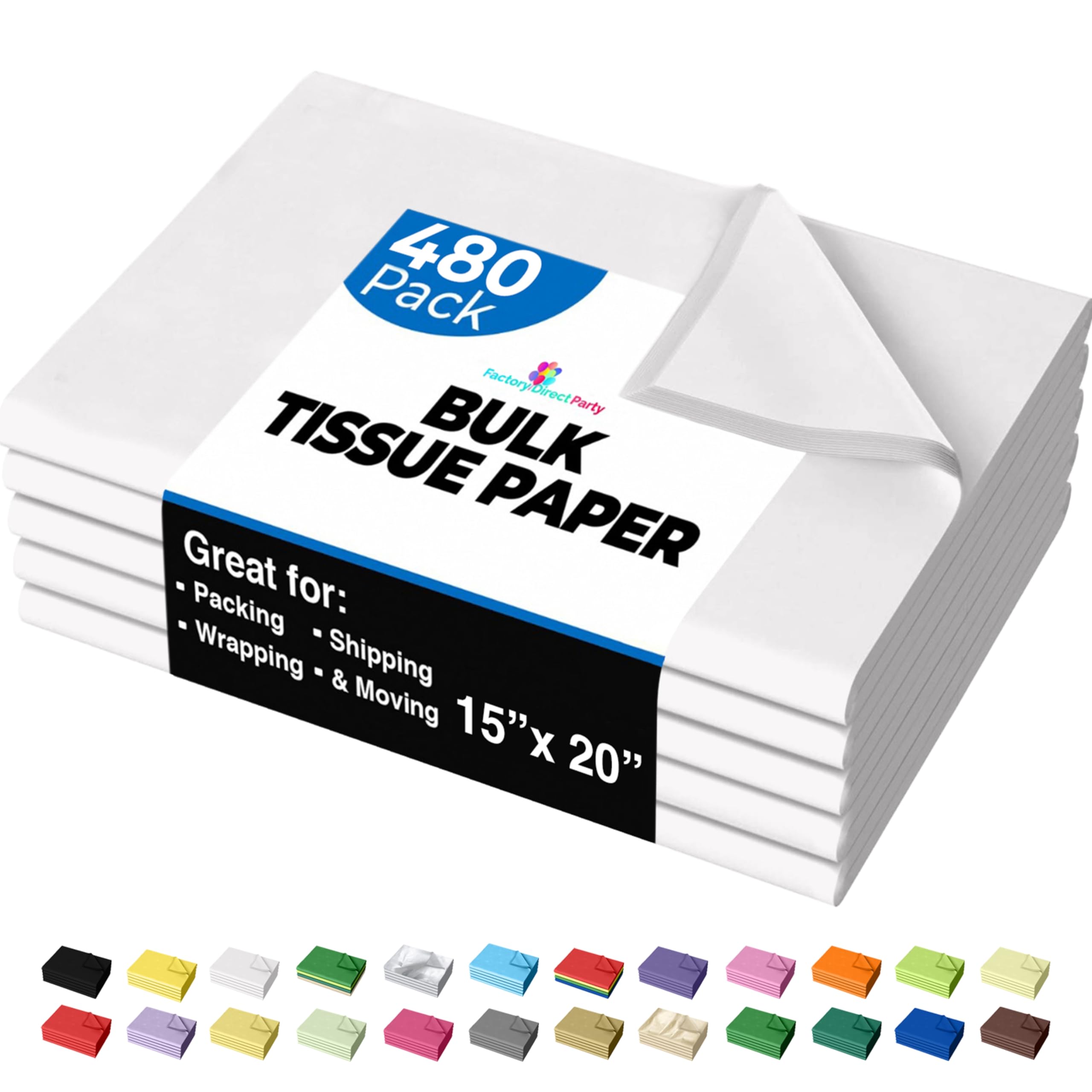 Party Solids White Tissue Paper for Gift Bags - 15" X 20" Bulk Tissue Paper White 480 Sheets - 10lb Newsprint for Packing, Birthday Gift Box Filler, Packing Supplies for Moving Supplies