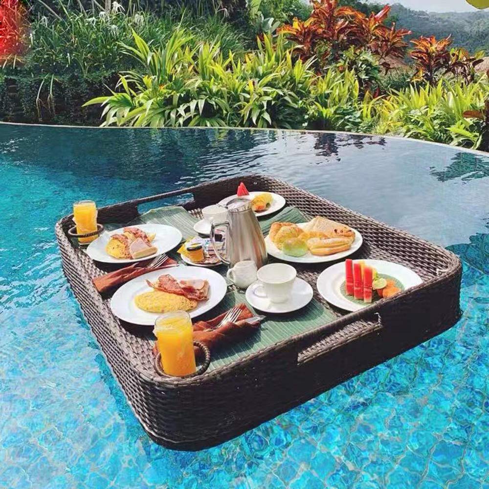 TRAACEM Customized Rattan Pool Dining Tray, Round Square Heart Shape,A