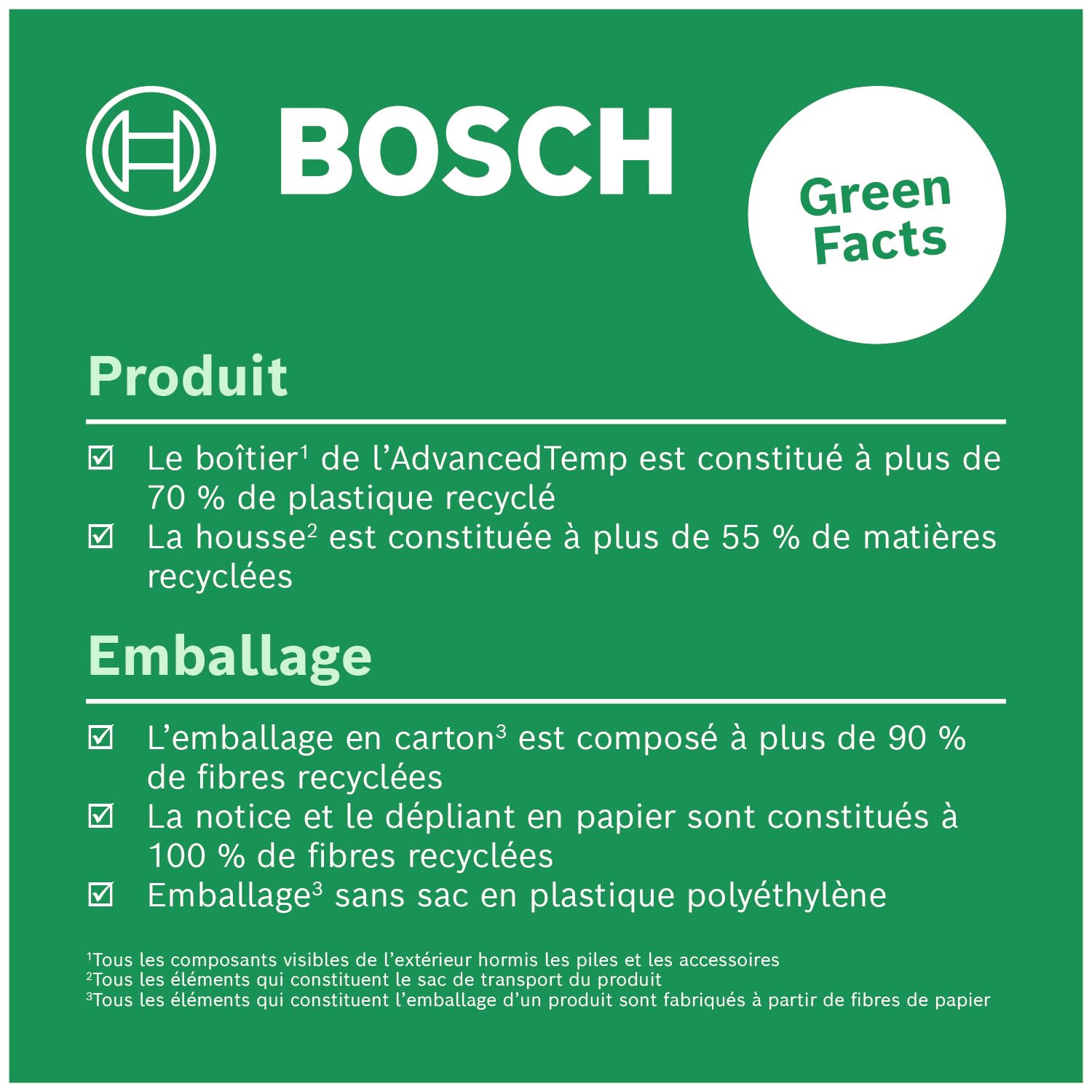 Bosch Thermomètre infrarouge AdvancedTemp (-30°C to +500°C, détection de moisissure et de pont thermique intégrée et affichage LED, boîtier en matériaux recyclés, dans boîte carton pour e-commerce)