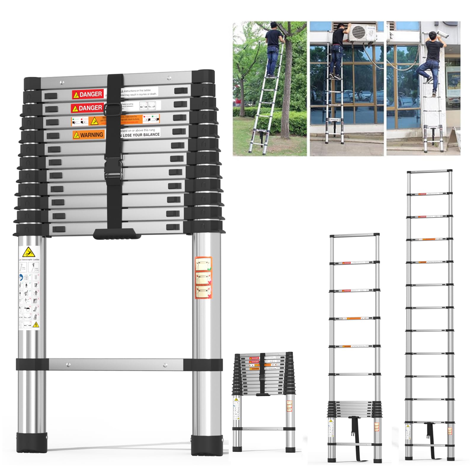 Scala telescopica 3,8m/12,5FT,Scala estensibile leggera in acciaio inossidabile con blocco automatico,Piedi antiscivolo,Carico 150kg/330lb,Scala multiuso per la casa e l'esterno