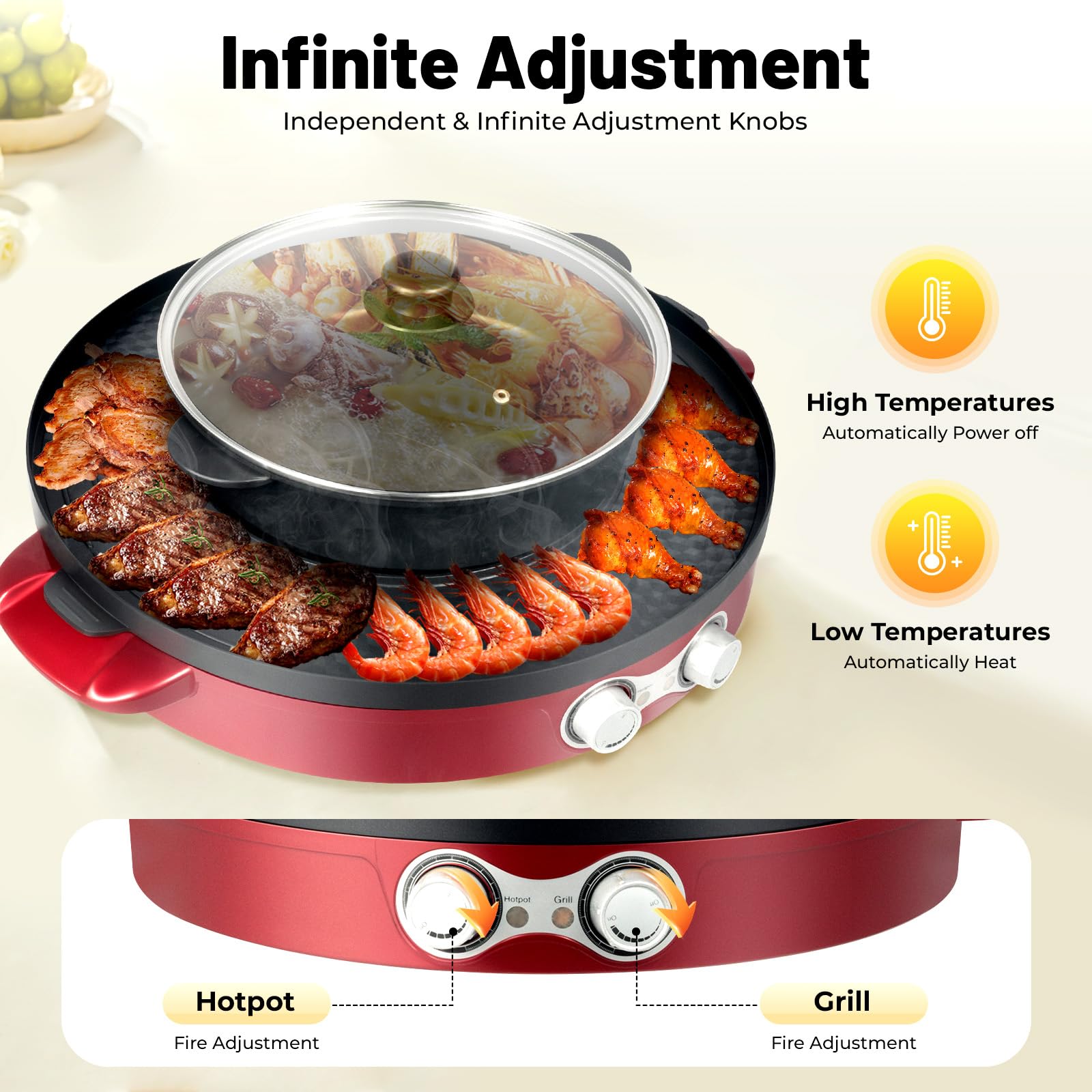 Hot Pot - Pentola elettrica 2200 W, con griglia e divisorio, multifunzione, 2 lati, antiaderente e griglia da tavolo, 2 in 1, per 2-8 persone, colore rosso, 52 x 18,5 cm