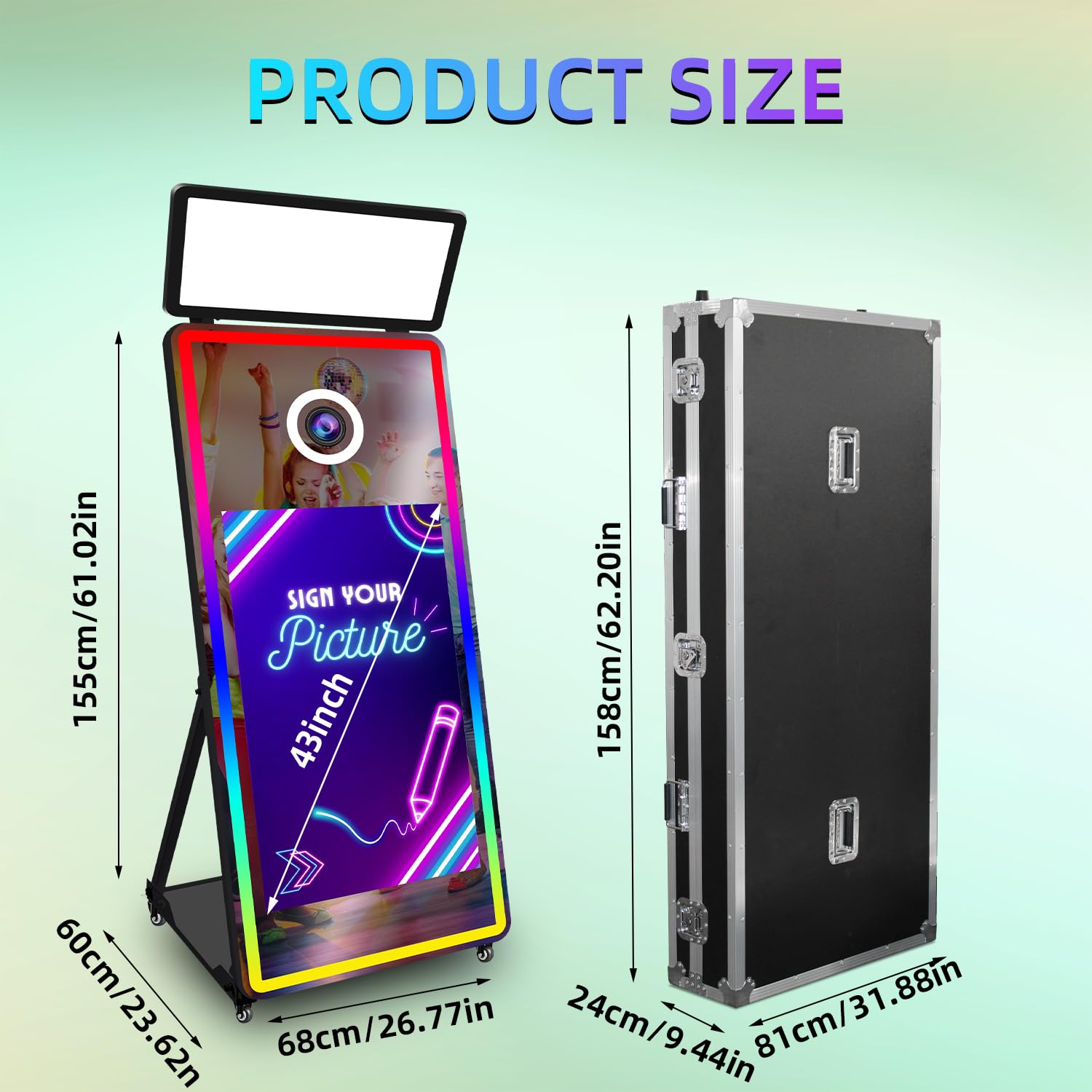 65'' Magiczne Lustro Fotobudka z 43'' Ekranem Dotykowym i Światłami RGB, Fotobudka z Walizką Transportową na Imprezę Urodzinową (Black, 43inch photo booth)