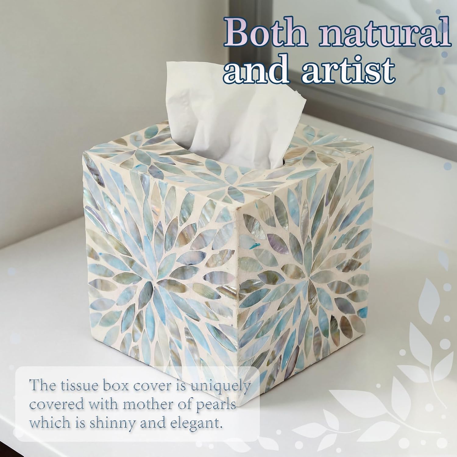 5.9 Inch Cube Mother of Pearl Tissue Box Cover Ceramic Decorative Tissue Box Holder, Square Napkin Holder Rustic Napkin Dispenser Organizer for Table Bathroom Office(Ivory Teal Floral)
