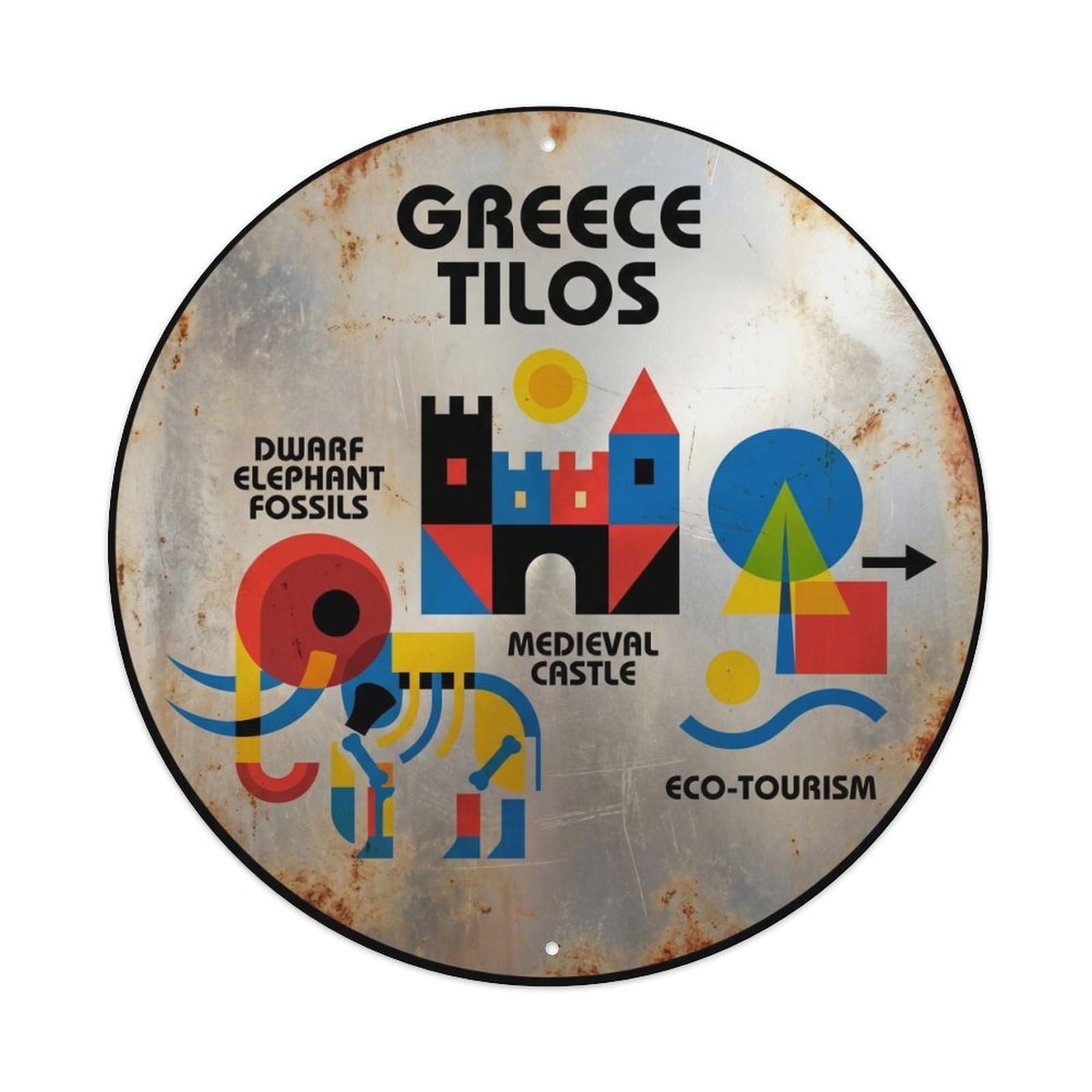 Tilos Elephants Greek Constructivist Nature Scenery Metal Tin Sign Plaque Wall Decor for Cafe, Man Cave, Club Bar, Office, Home Garden Round Metal Poster 8x8Inch